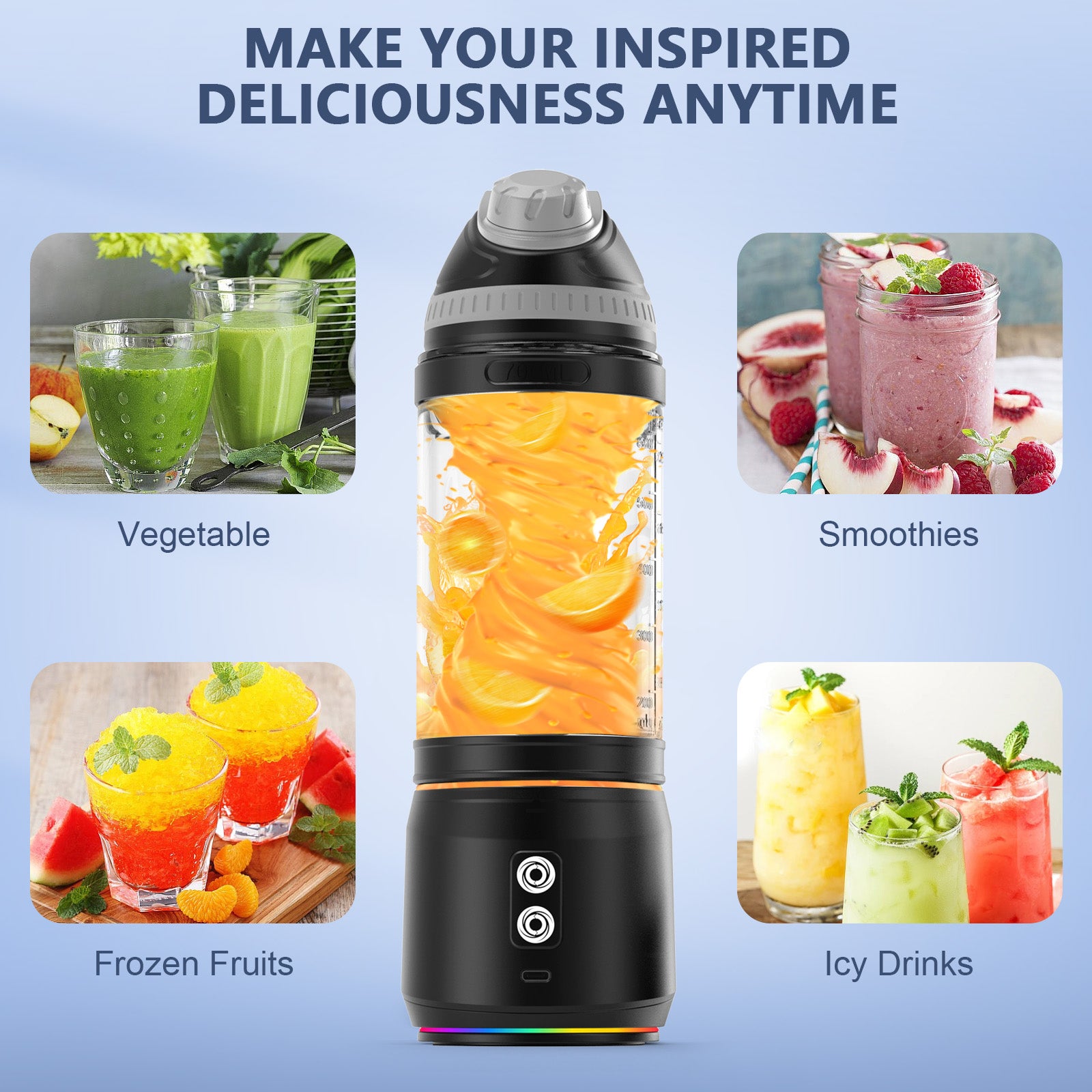 Portable Blender,Veubew Personal Blender 240 Watt for Shakes and Smoothies with 6 Metal Blades, 24 oz Mini Blender Cup with Travel Lid and USB Rechargeable for Office, Gym, Kitchen (Black)
