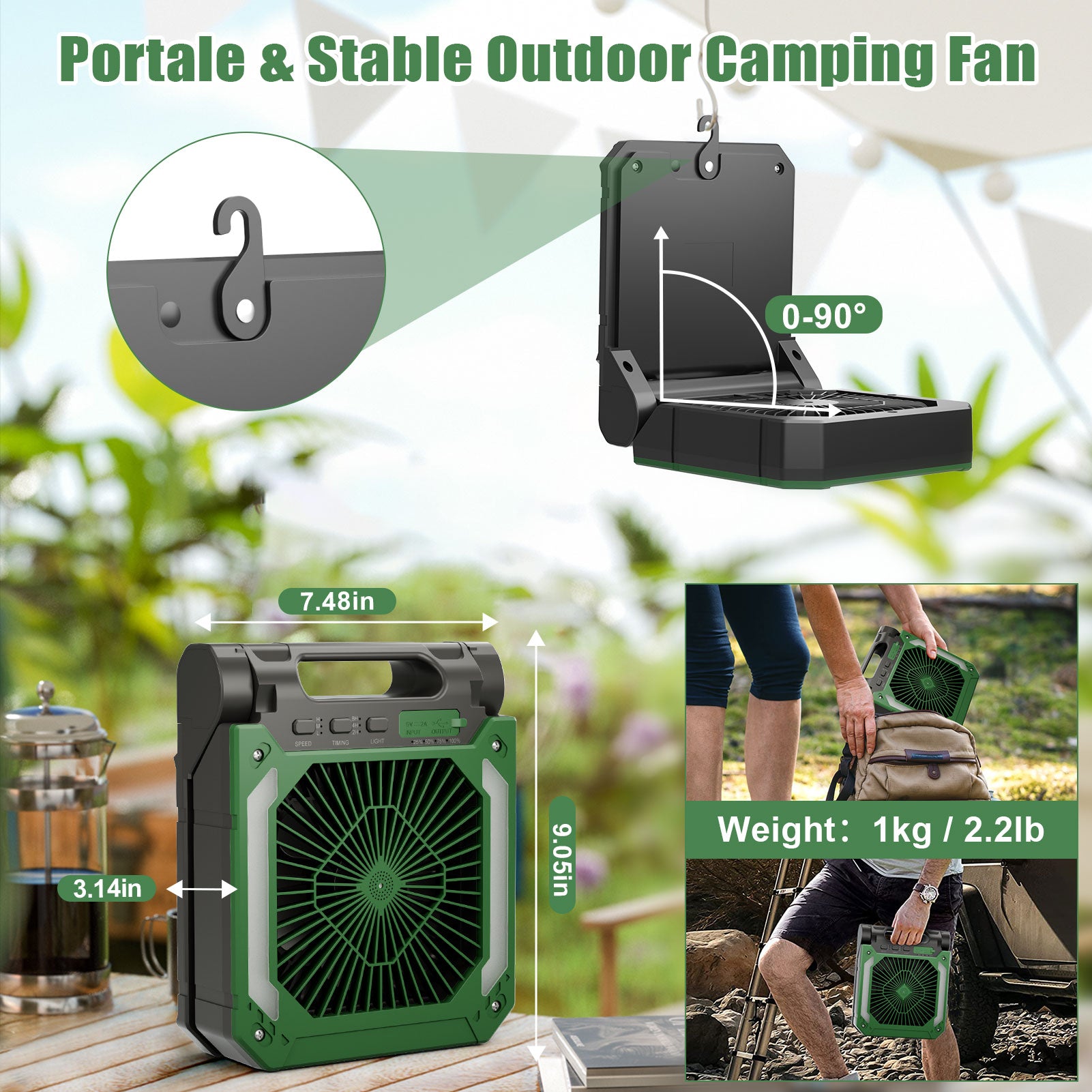 Veubew Camping Fan,20000mAh Rechargeable Personal Fan,Portable Battery Operated Fan with SOS LED Light,3 Speeds 3 Timers Pivot 90°,Camping Essentials for Outdoor Picnics Hiking
