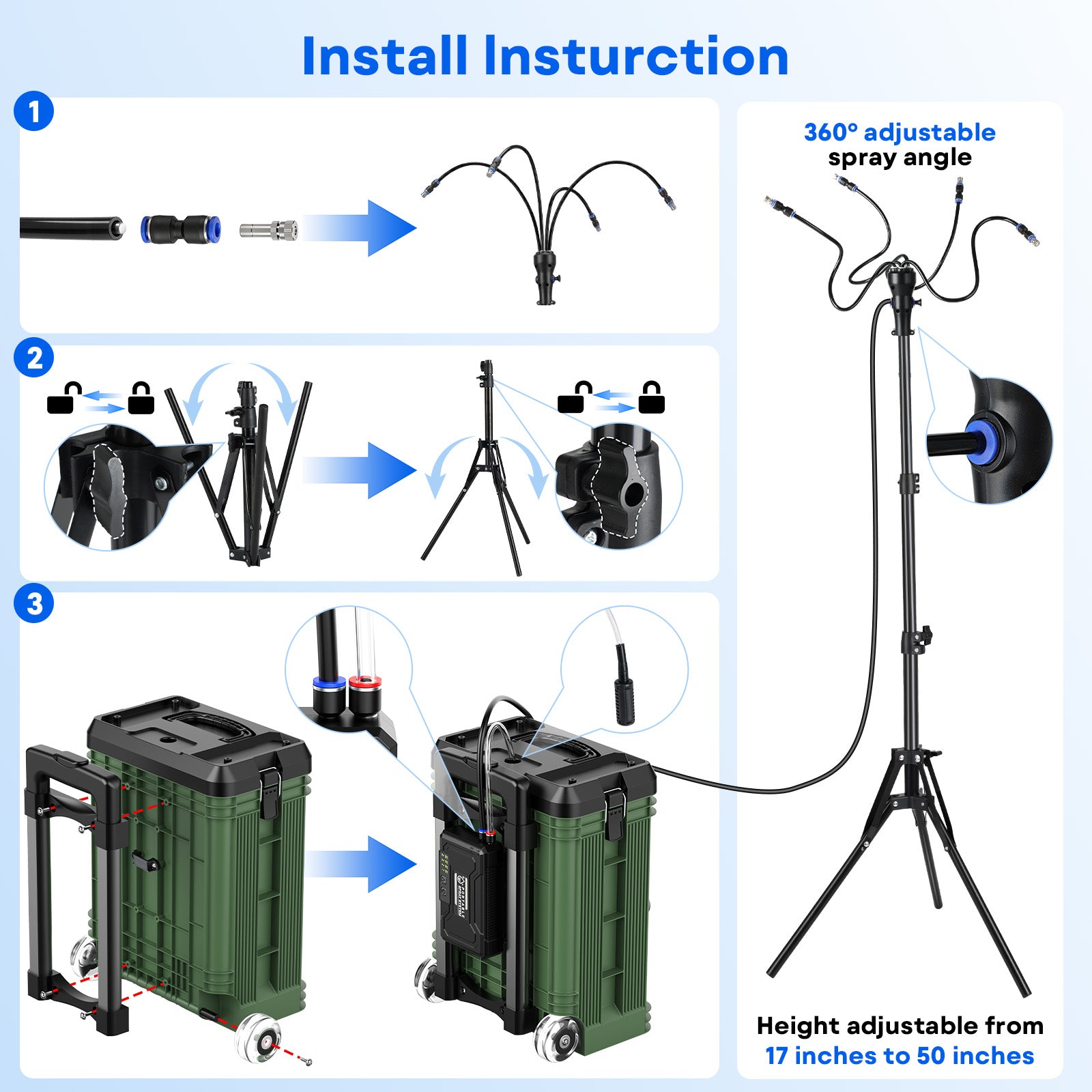 Tanbaby Standing Misters Set with 15L Bucket, 10000mAh Portable Misting Cooling System for Outside Patio, 3.9FT Adjustable Height for Outdoor BBQ, Beach, Pool, Sprinkler, Camping