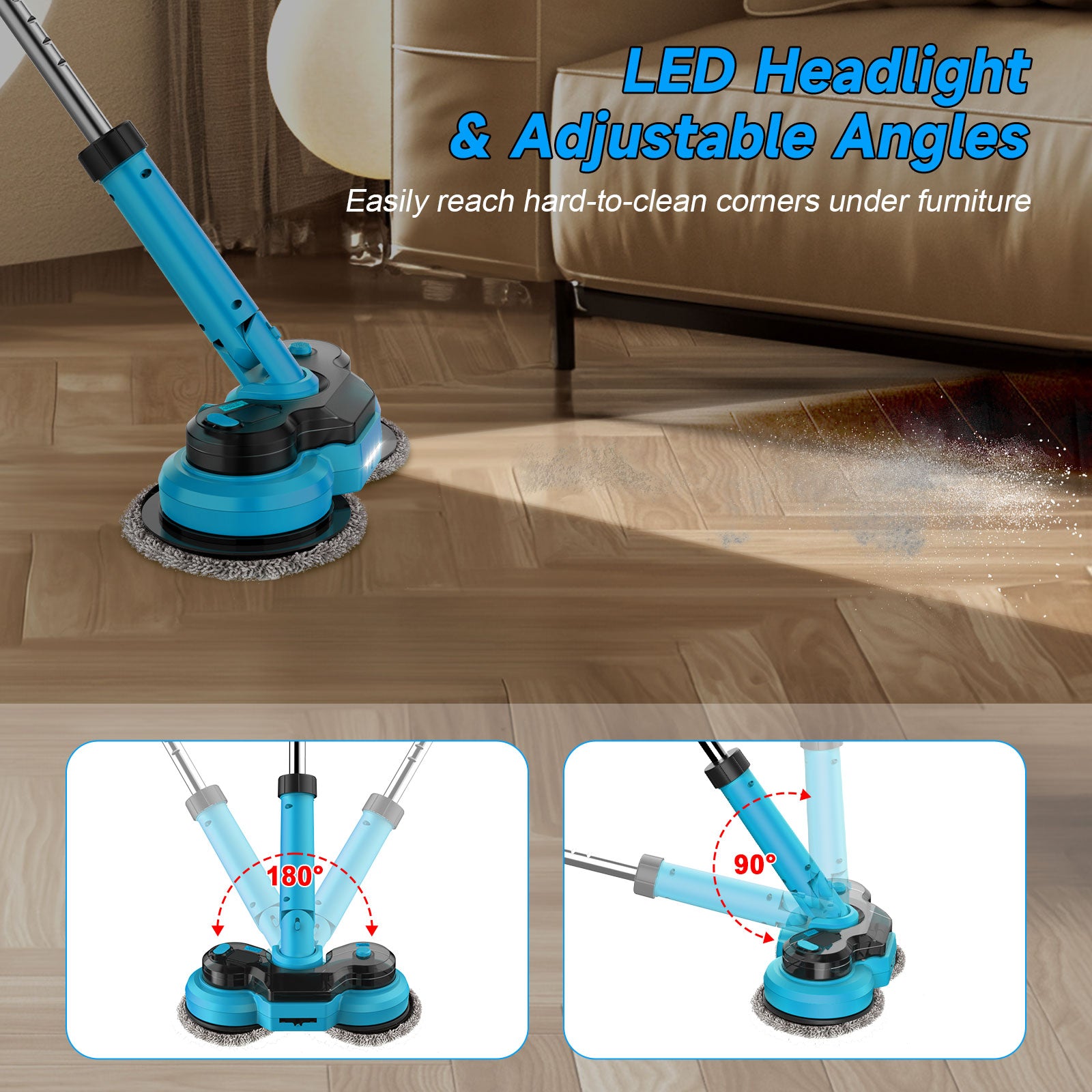 Amiluo Electric Mop, 4000 mAh Battery Cordless Spin Mop, 600 RPM Powerful Floor Cleaner with LED Headlights, Water Spray & Smart Display, Dual-Motor Scrubber & Mops for Multi-Surface, Self-Propelled
