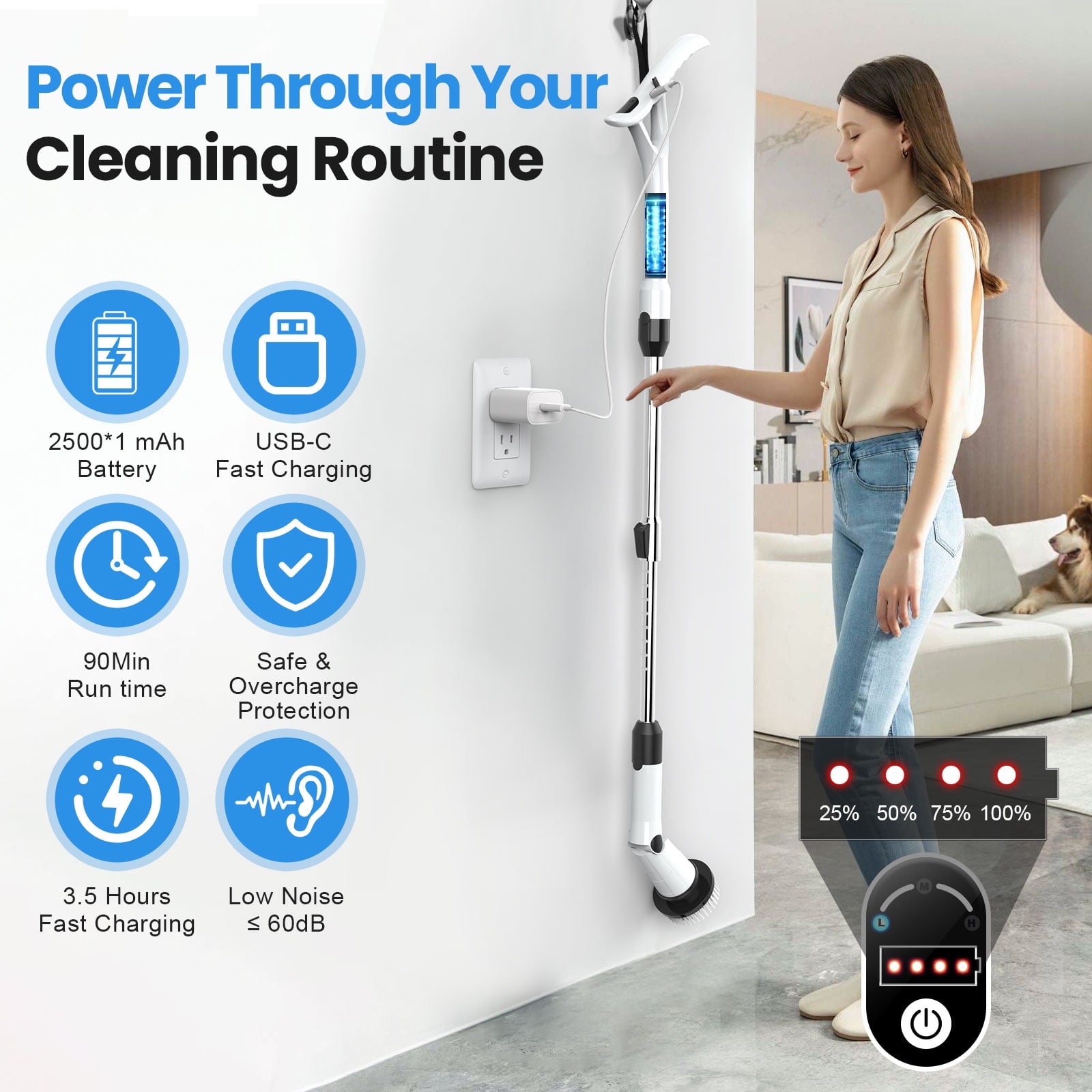 Amiluo Electric Spin Scrubber, 600 RPM Cordless Bathroom Cleaning Brush, 3 Speeds Power Scrubber with Adjustable Handle & 8 Replaceable Heads, Shower brush for Tub Tile Floor, A2/White