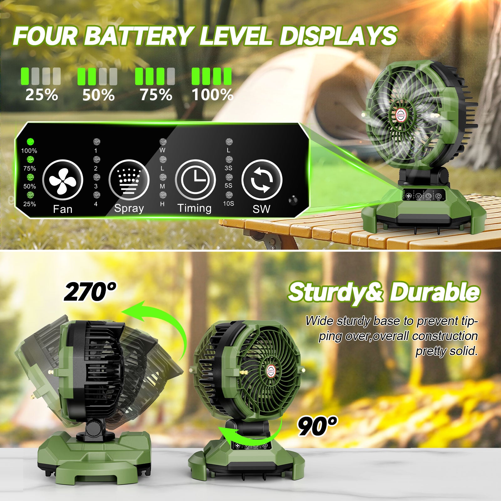 Veubew Portable Misting Fan - 10-inch Outdoor Fans for Patios/Camping, 30000mAh USB Rechargeable Battery Powered Floor Cooling Fan with 4 Strong Winds, 4 Spray Mister