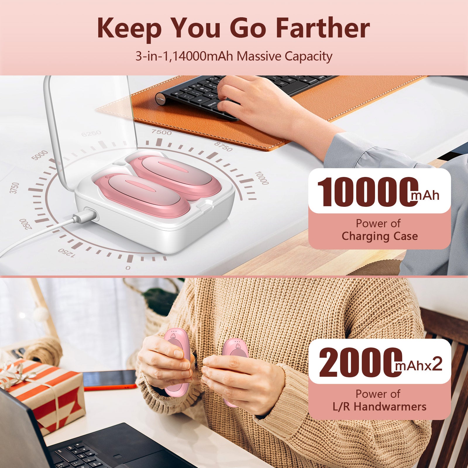 Hand Warmers Rechargeable, 14000mAh Hand Warmer 2 Pack with charging bin, Portable Heater Pocket Warmer, Electric Handwarmers, Gifts for Christmas, Outdoor, Golf, Hunting, Camping(Pink)
