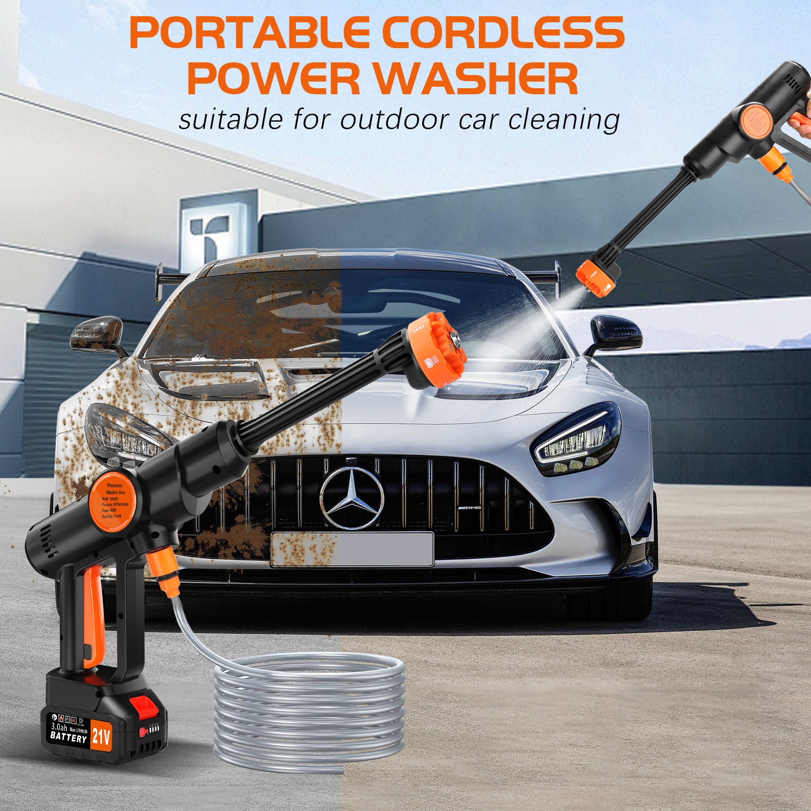 Tanbaby Cordless Pressure Washer, Portable Power Washer with 6-IN-1 Adjustable Nozzle, 3.0Ah Battery and Charger for Floor Cleaning, Washing Cars, Watering Flowers