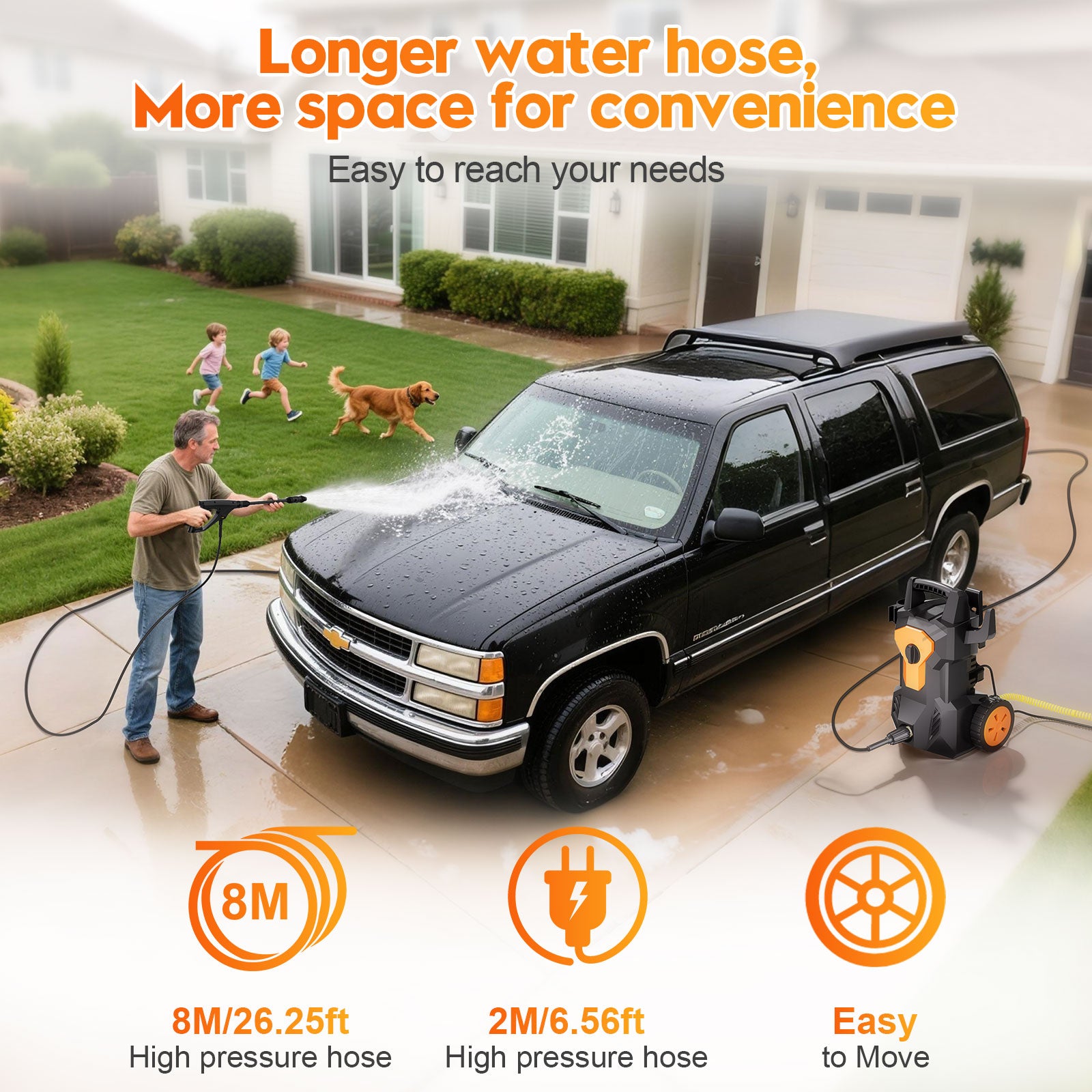 Tanbaby Electric Pressure Washer, 1600W 2000PSI Max 1.8 GPM Power Washer with 6FT Power Cord 32FT Hose 4 Nozzles Soap Cannon for Car Garden Yard Pool