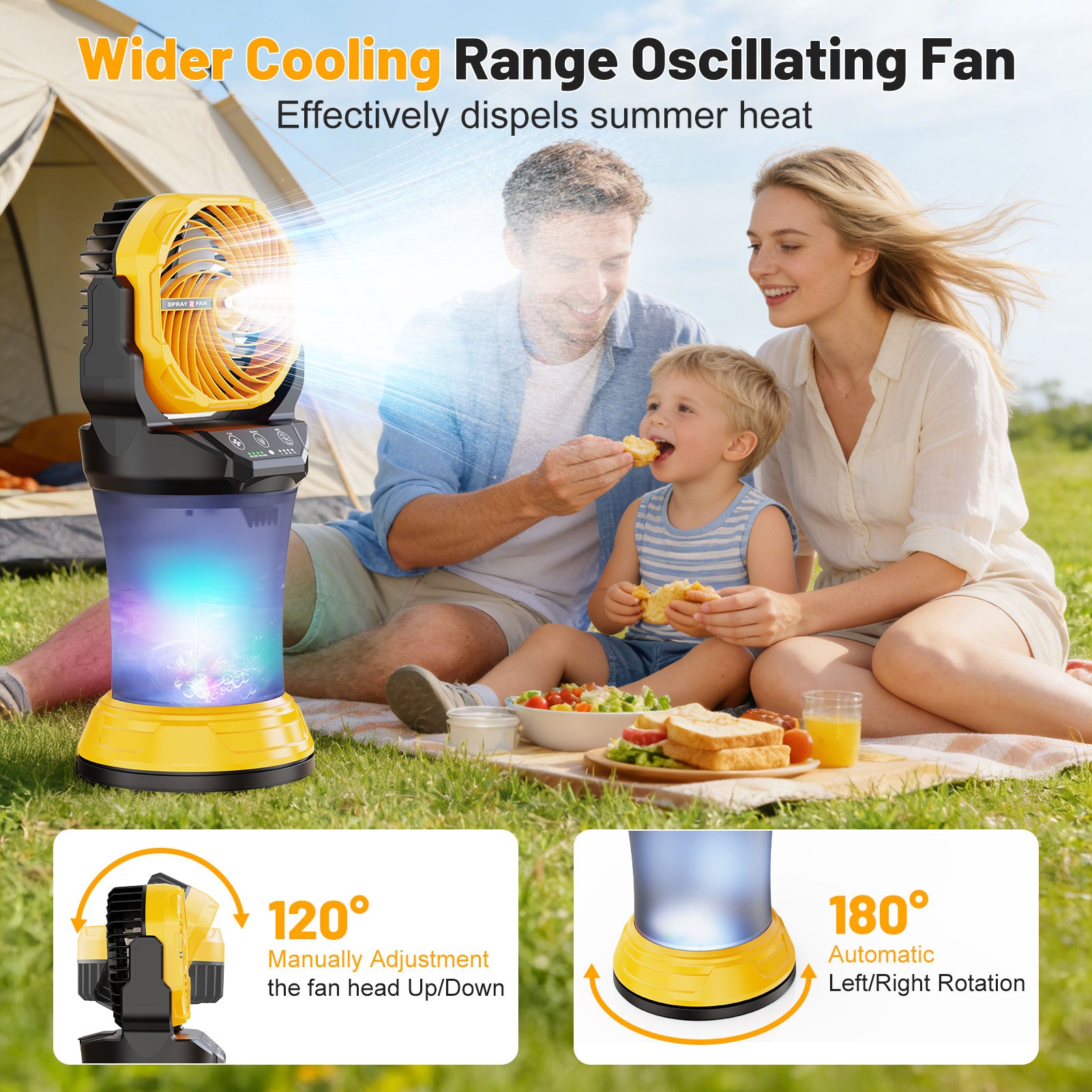 Fimilo 30000 mAh Portable Misting Fan with RGB Light, 2L Water Tank Rechargeable Camping Mist Fan with 120° Auto Oscillating 4 Speeds & Spray for Patios Fishing Travel Garden Party Golf Tent