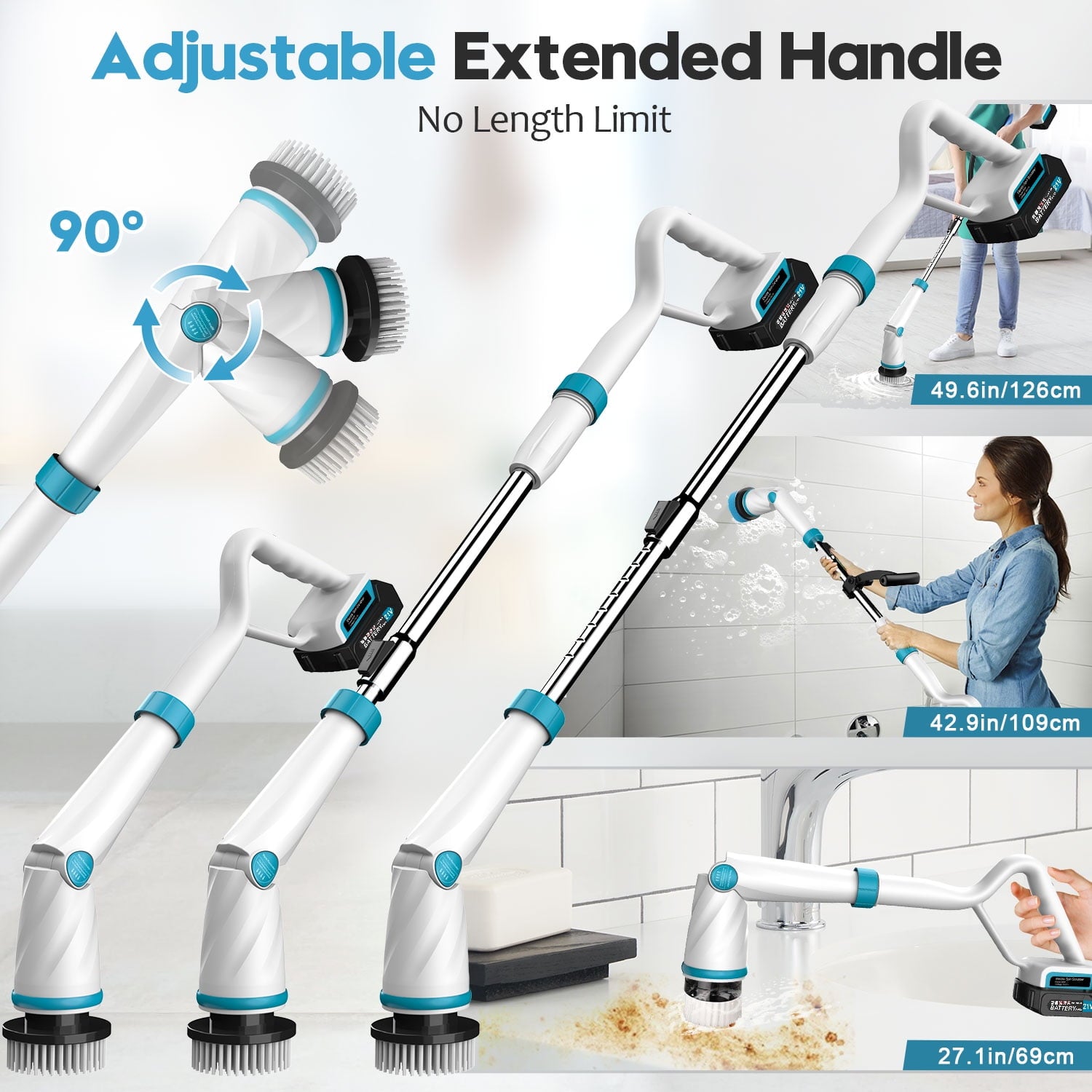 Amiluo Electric Spin Scrubber, 1500 RPM Ultra-High Speed, Cordless Bathroom Cleaning Brush with Extension Handle, 8 Replaceable Heads & Large Battery, Power Scrubber for Shower, Tub, Floor, A4/Blue