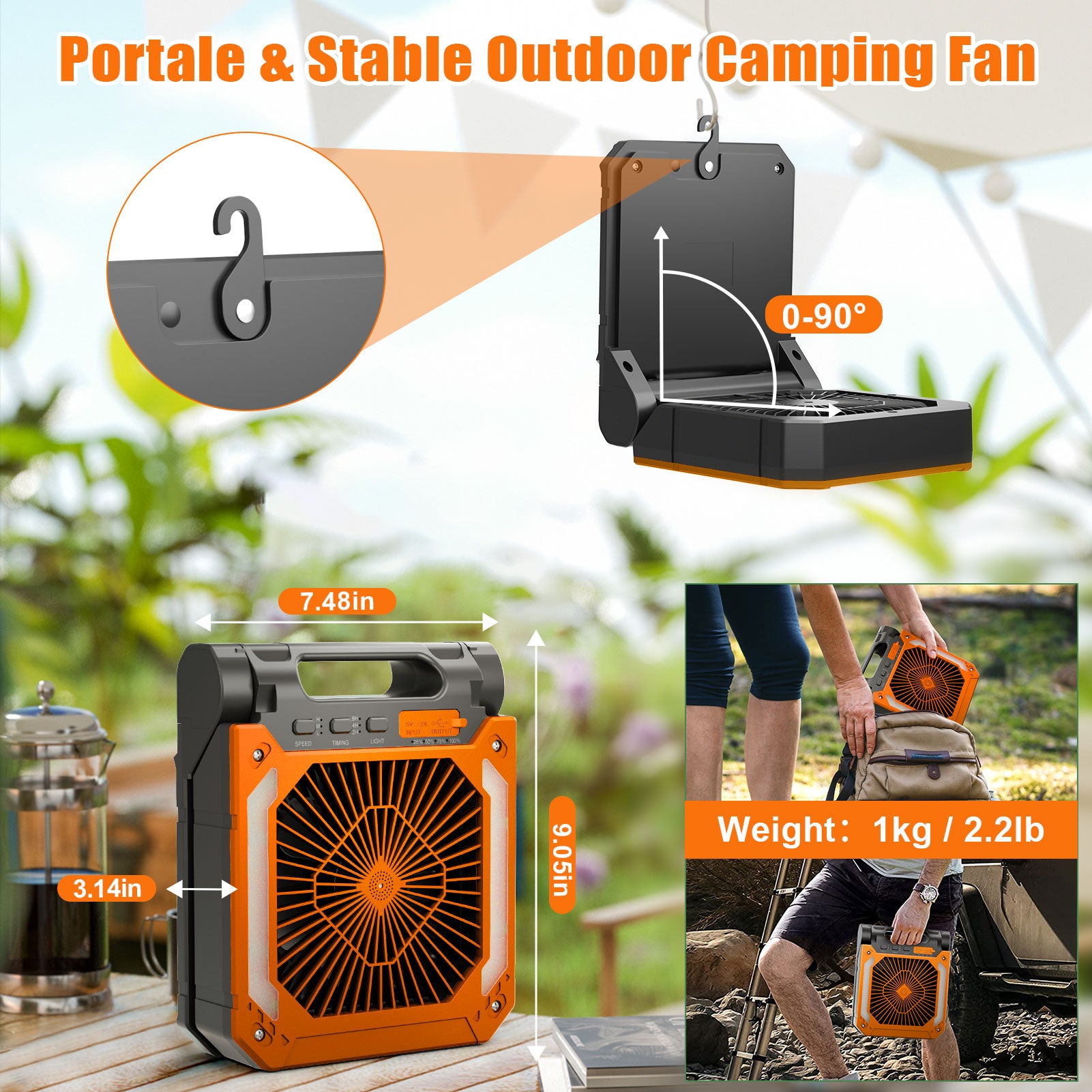 Veubew Camping Fan,Battery Operated Fan,20000mAh Rechargeable Personal Fan with Outdoor LED Light,Solar Charging,3 Speed,3 Timers Pivot 90°,Maximum Battery Life 16H for Office,Bedroom,Works