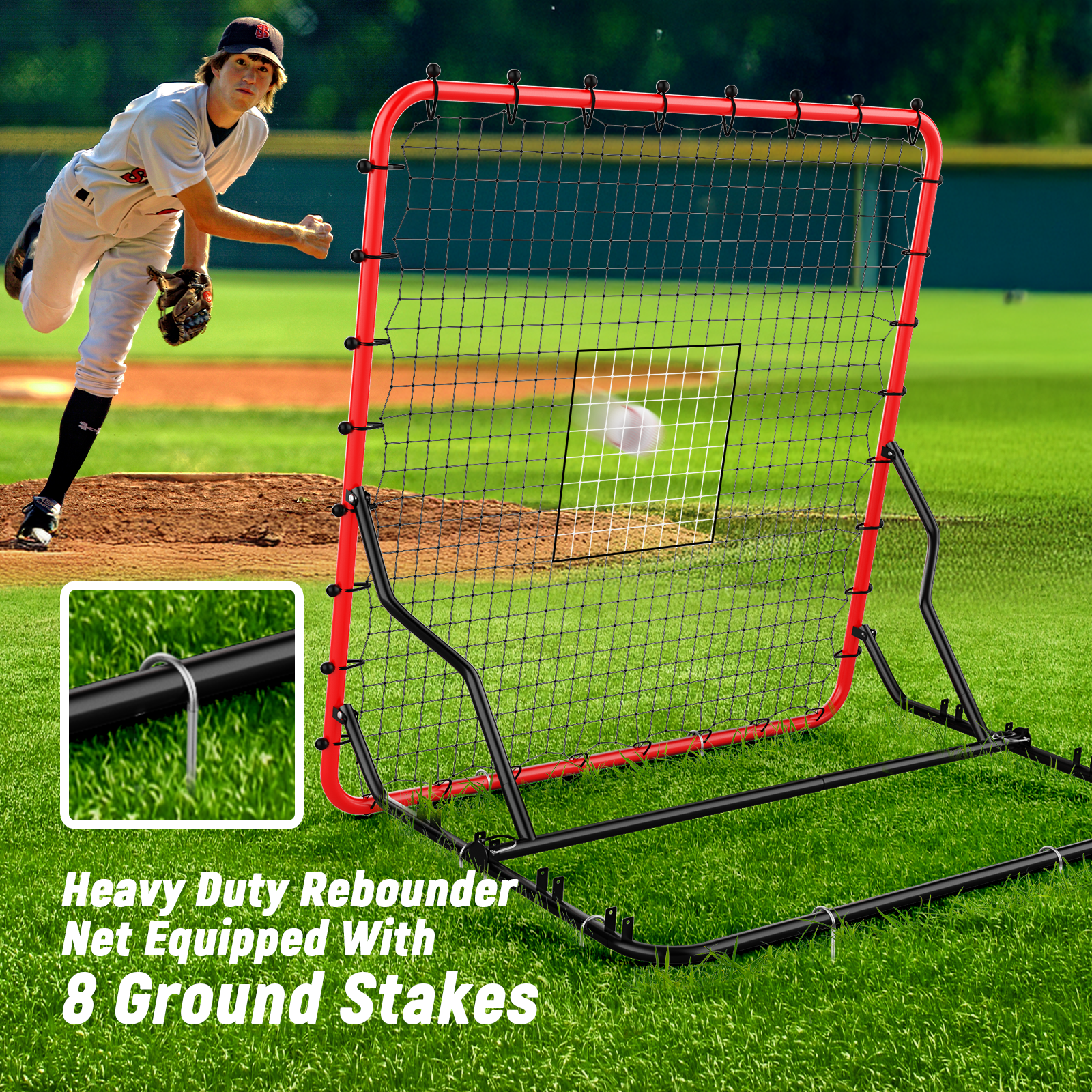Kidovin Baseball Net, 4 X 4.5 ft Lacrosse Rebounder with 3 Adjustable Angles & 2 Targets, Softball Equipment for Hitting and Pitching