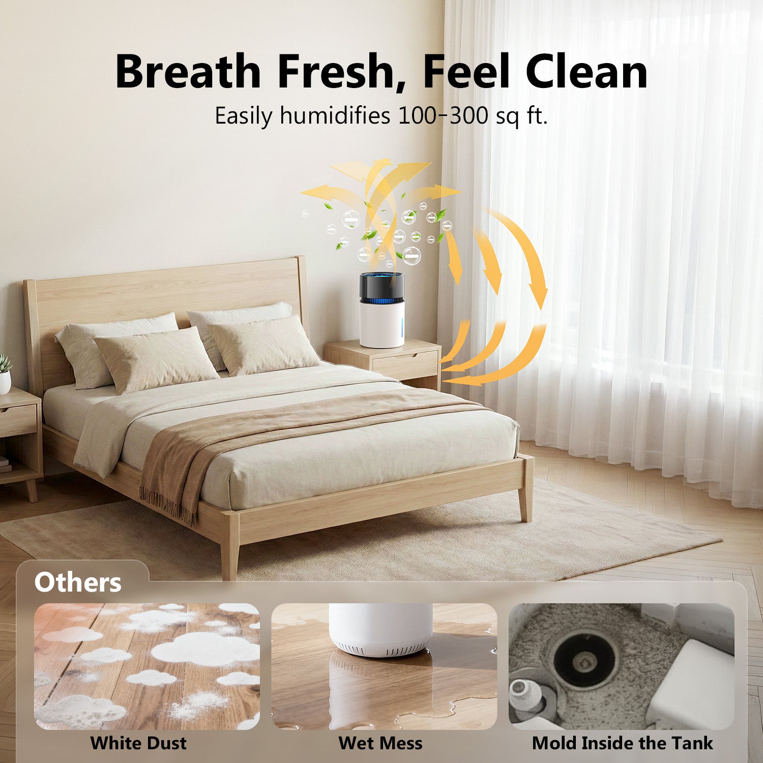 3L Fogless Humidifier, Evaporative Humidifier up to 270 sqft, Cool Moisture Humidifier with Negative Ions,Stepless Speed & 1-8H Timer, with Premium Filter, Quiet Sleep Mode for Bedroom