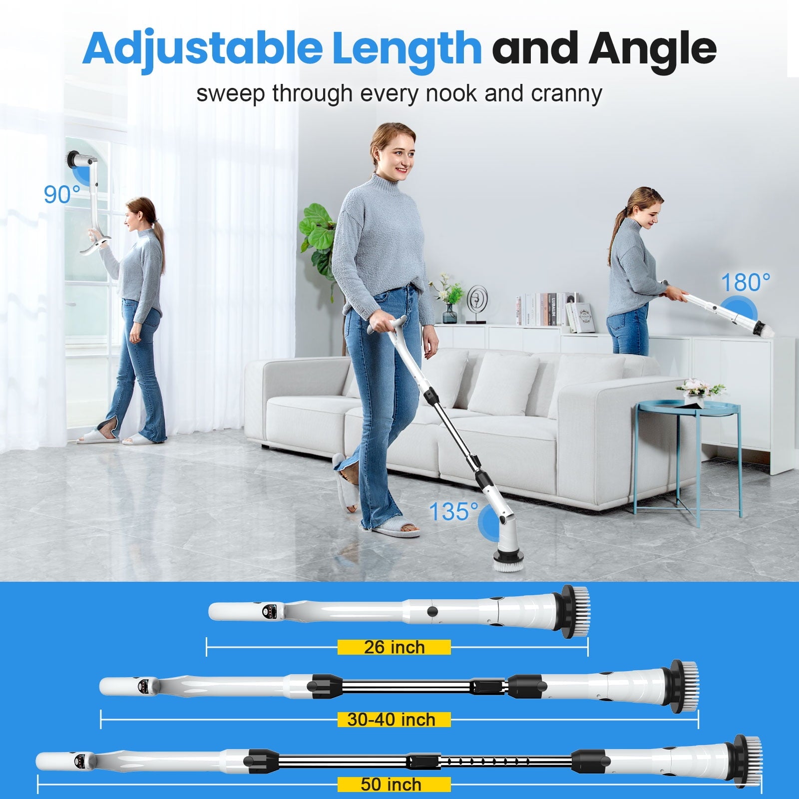 Amiluo Electric Spin Scrubber, 600 RPM Cordless Bathroom Cleaning Brush, 3 Speeds Power Scrubber with Adjustable Handle & 8 Replaceable Heads, Shower brush for Tub Tile Floor, A2/White