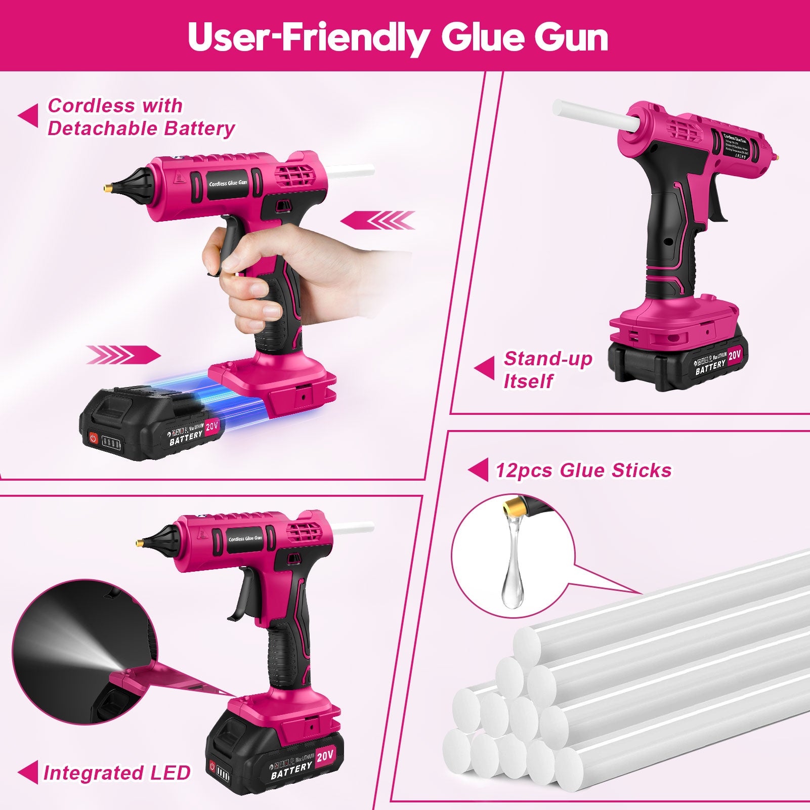 Fovendi Cordless Hot Glue Gun with 2.0Ah Battery & Charger and 12 Pcs Full Size Glue Sticks, 100W Power Melt Glue Gun for DIY, Festival Decor and Gifts