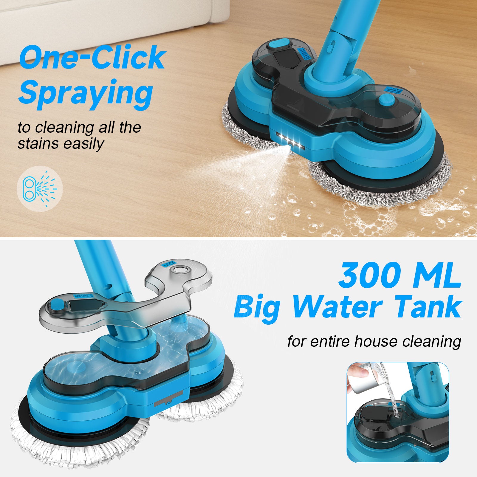 Amiluo Electric Mop, 4000 mAh Battery Cordless Spin Mop, 600 RPM Powerful Floor Cleaner with LED Headlights, Water Spray & Smart Display, Dual-Motor Scrubber & Mops for Multi-Surface, Self-Propelled