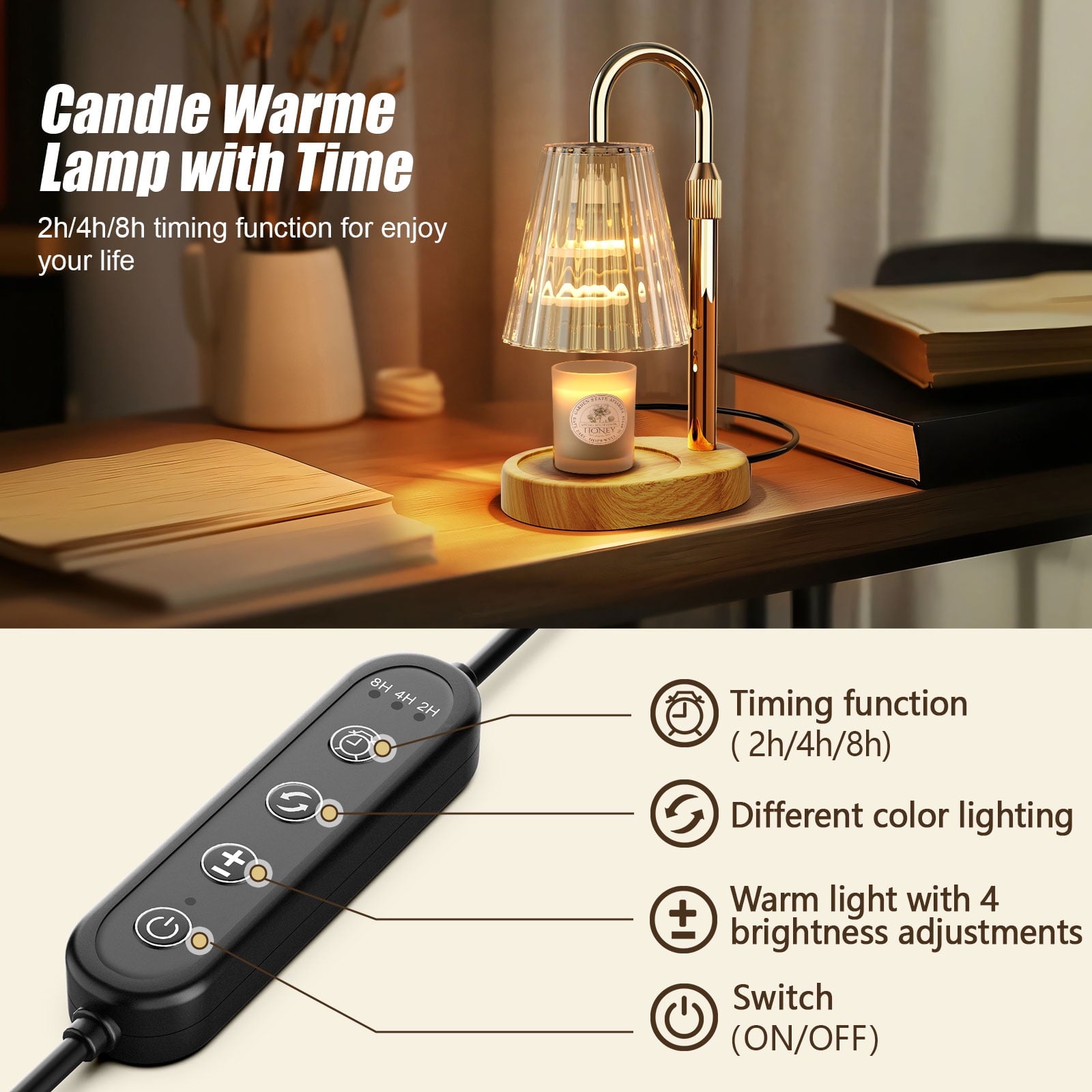 Candle Warmer Lamp, Adjustable Height Candle Warmer, Timer, Dimmable, Home Decor, Wax Melts Warmer for Jar Candles with 2 Bulbs, Gifts for Mom