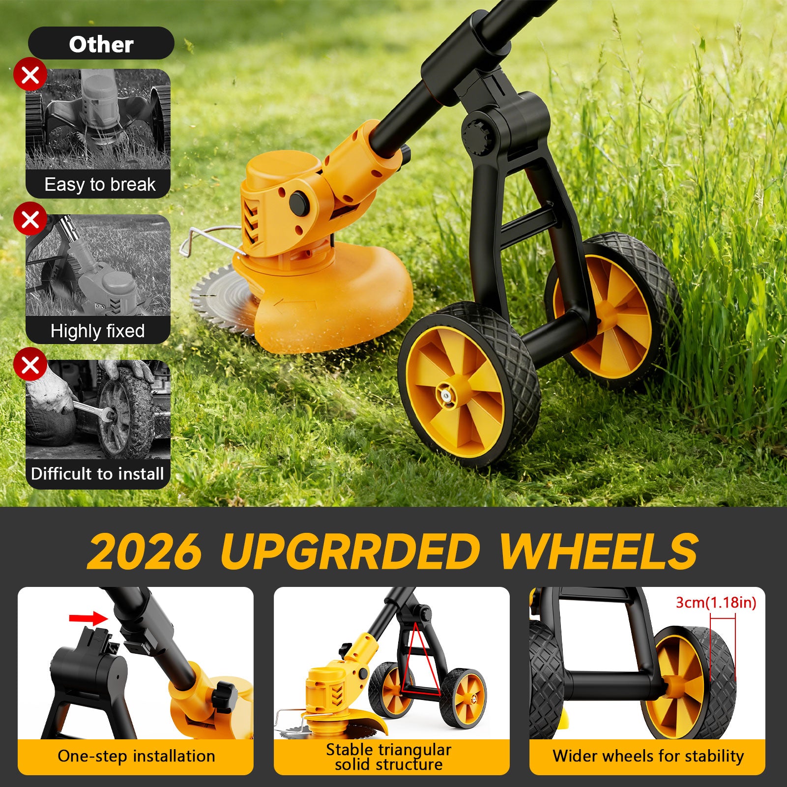 Lemolifys 6-inch Weed Eaters with Wheels & 3 Blades, 21V Battery String Trimmer for Lawn Yard Garden