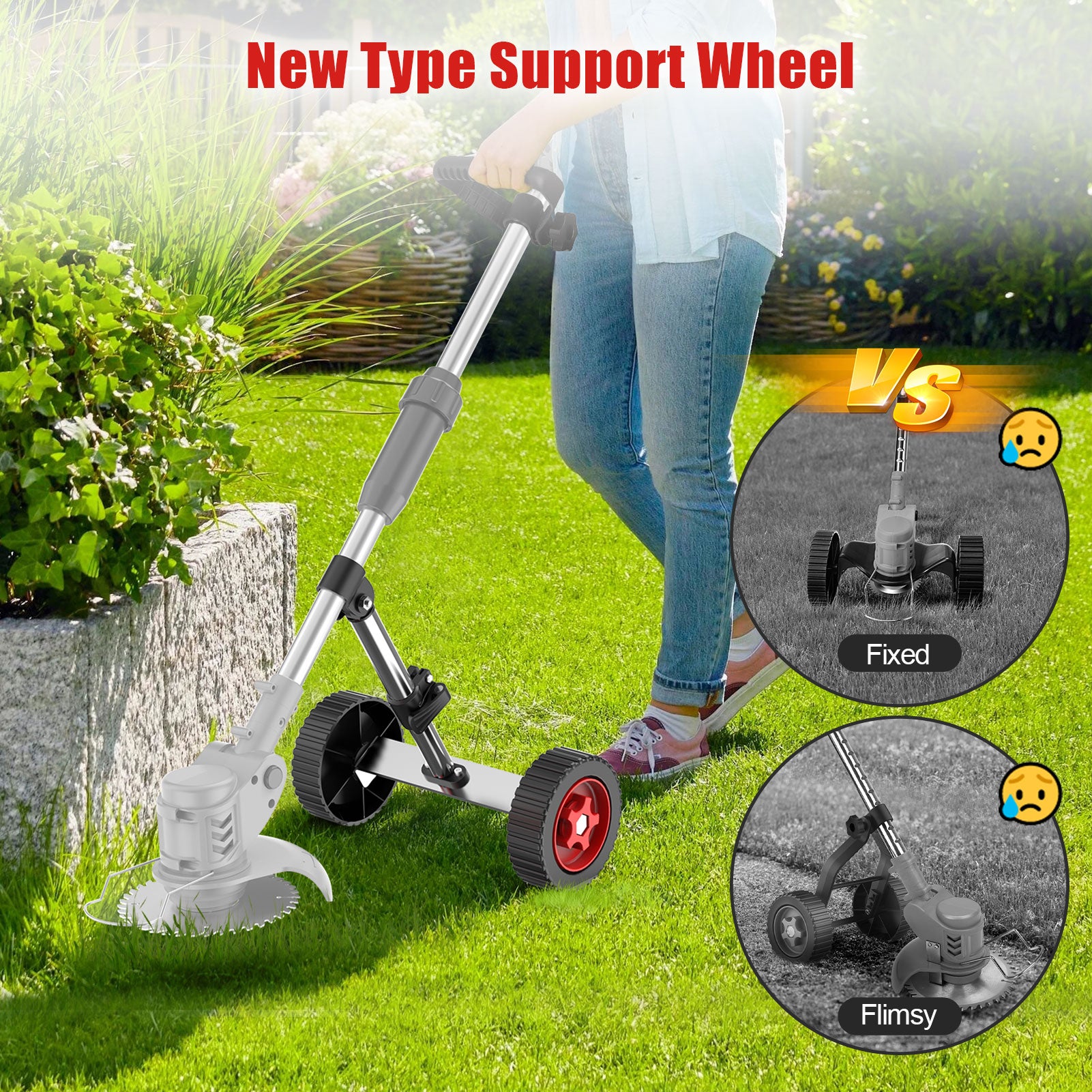 Tanbaby Electric Weed Wacker Attachment Wheels for 8/9” Weed Eater, Adjustable Cordless String Trimmer Auxiliary Wheels, Tool Pole Dia 26-28mm Adjustable Support Wheel
