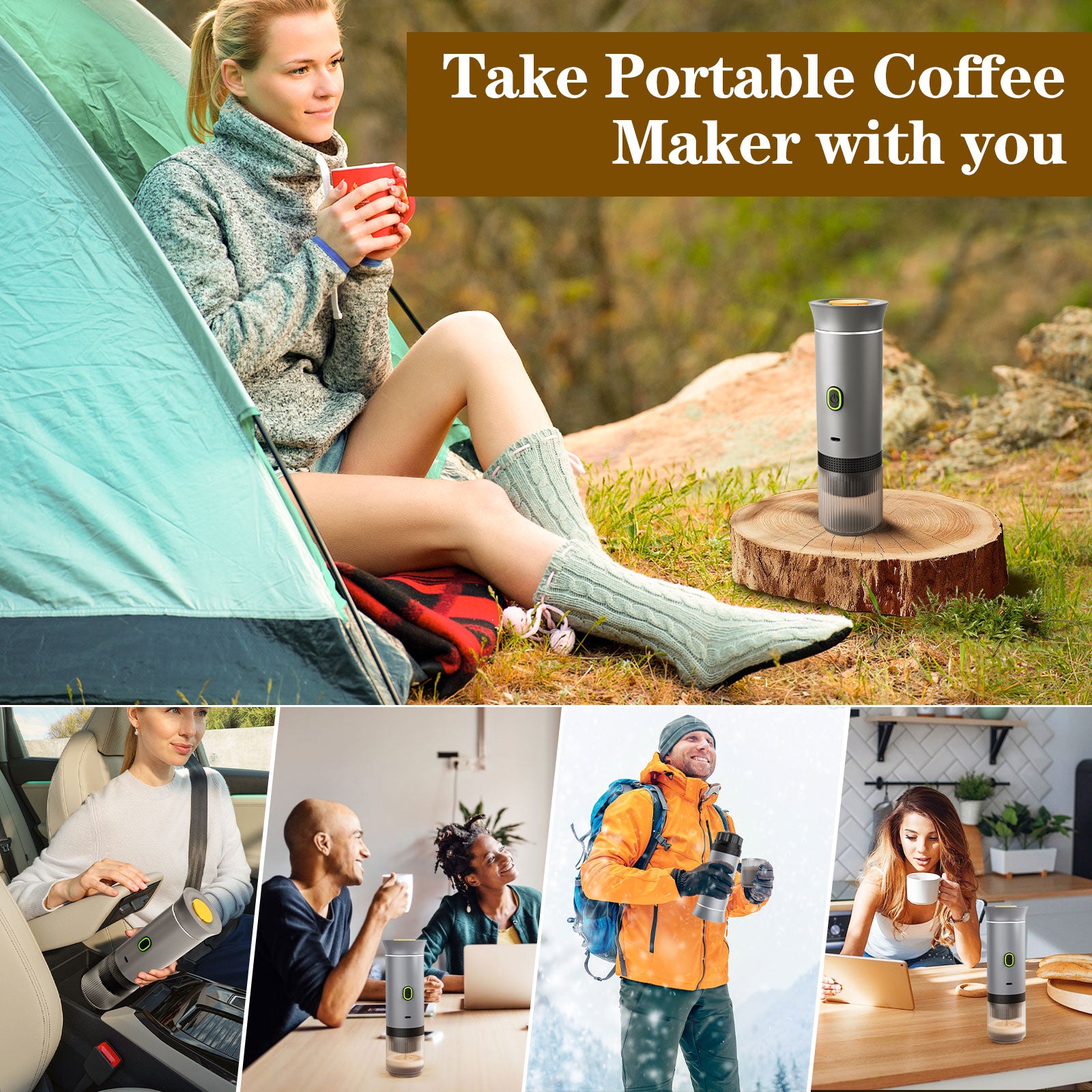 Veubew 3-in-1 Portable Espresso Maker, 20 Bar Mini Coffee Maker for Travel, Self-Heating Car Coffee Maker Compatible Ground Coffee & Capsules (NS&DG) for RV, Hiking, Office (Silver)