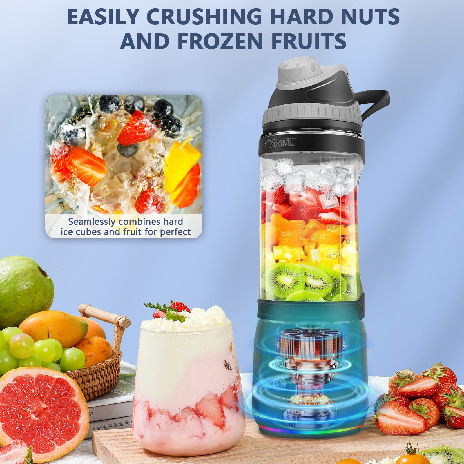 Portable Blender,Veubew Personal Blender 240 Watt for Shakes and Smoothies with 6 Metal Blades, 24 oz Mini Blender Cup with Travel Lid and USB Rechargeable for Office, Gym, Kitchen (Black)