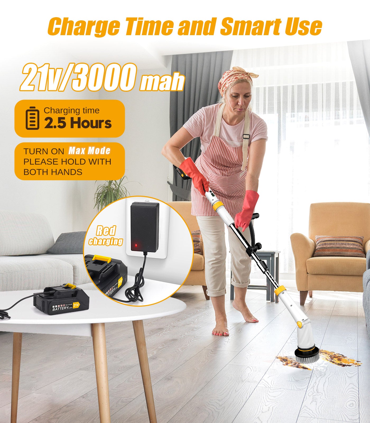 Amiluo Electric Spin Scrubber, Extra Large Brush, 6000 mAh Best Battery Power Scrubber, 1200 RPM Cordless Bathroom Cleaning Brush with Extension Handle, 8 Replaceable Heads for Shower/Floor, White