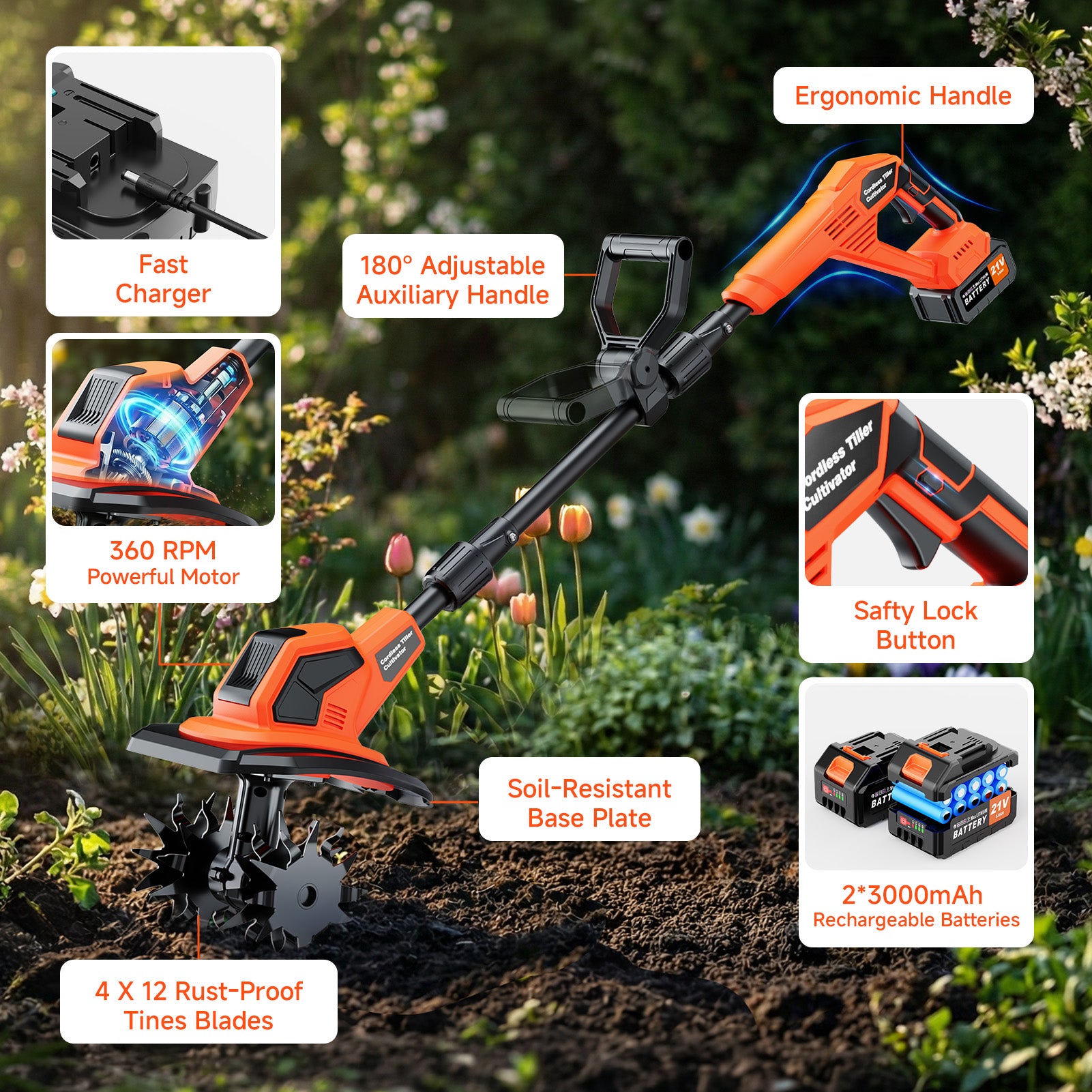 Tanbaby Cordless Electric Tiller, 360RPM Garden Tiller Cultivator, Battery Powered Rototiller with 2 * 4.0Ah Batteries, 9" Width, 6.7" Depth for Weeding, Gardening & Soil Cultivation