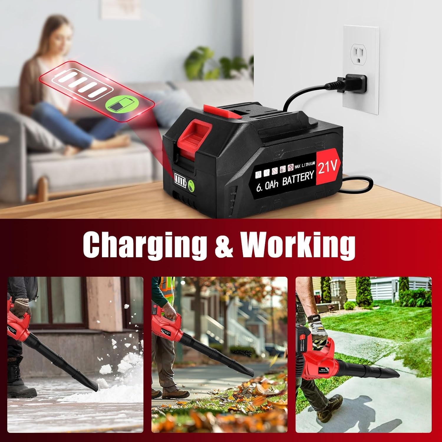 Leaf Blower Cordless with 2 X 6.0Ah Battery and Charger, Tanbaby 160MPH 580CFM Electric Leaf Blower, 6 Speed Mode for Lawn Care, Yard, Snow Blowing, Dust, Sawdust