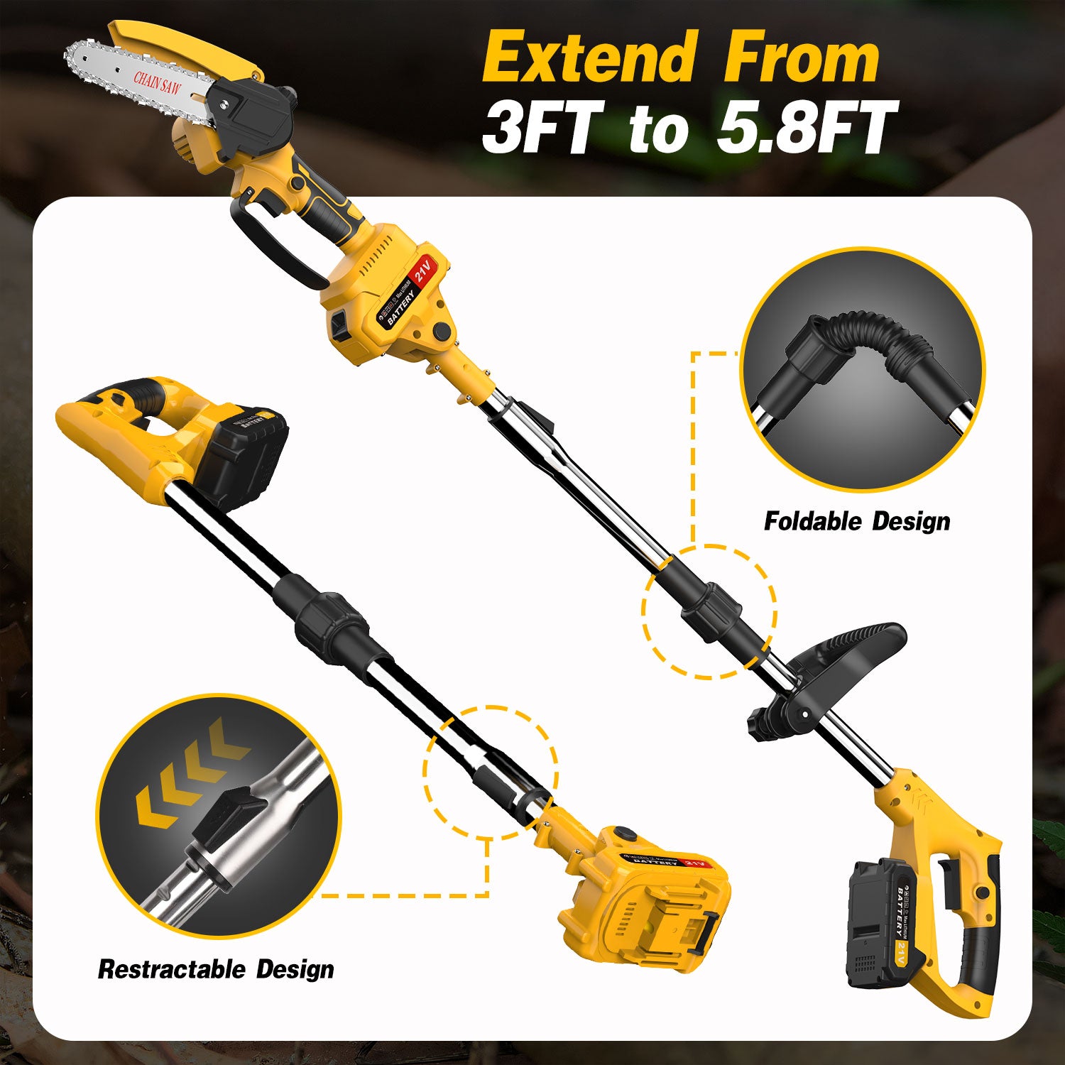 Tanbaby Cordless Pole Saw & Mini Chainsaw 2-in-1, Foldable/Retractable/Adjustable Head, 6 Inch Brushless Electric Rotatable Pole Saw & Multi-Angle for Tree Branches Pruning, Wood Cutting