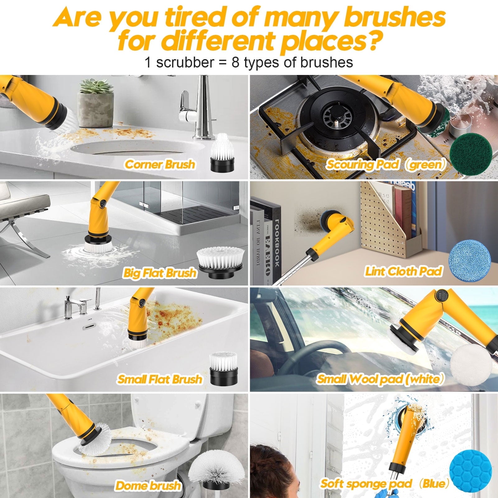 Amiluo Electric Spin Scrubber, 1500 RPM Ultra-High Speed, Cordless Bathroom Cleaning Brush with Extension Handle, 8 Replaceable Heads & Large Battery, Power Scrubber for Shower, Tub, Floor, A4/Yellow