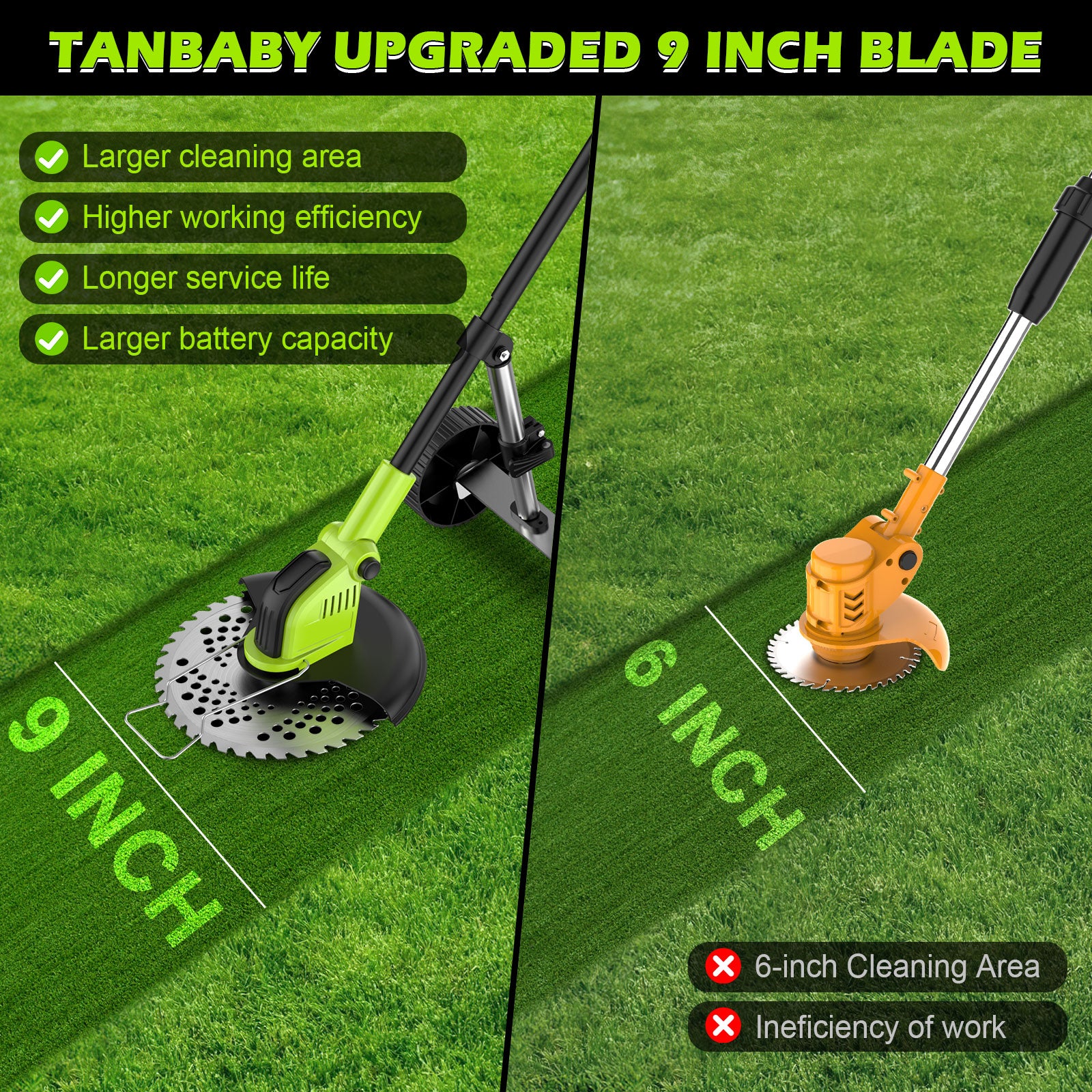 String Trimmer Cordless Electric Edge Trimmer/Edger, Tanbaby 9 inch 3-in-1 Grass Trimmer, Brushless Motor Weed Trimmer Kit, with 3.0Ah Battery , Charger & 10m Extra Spool