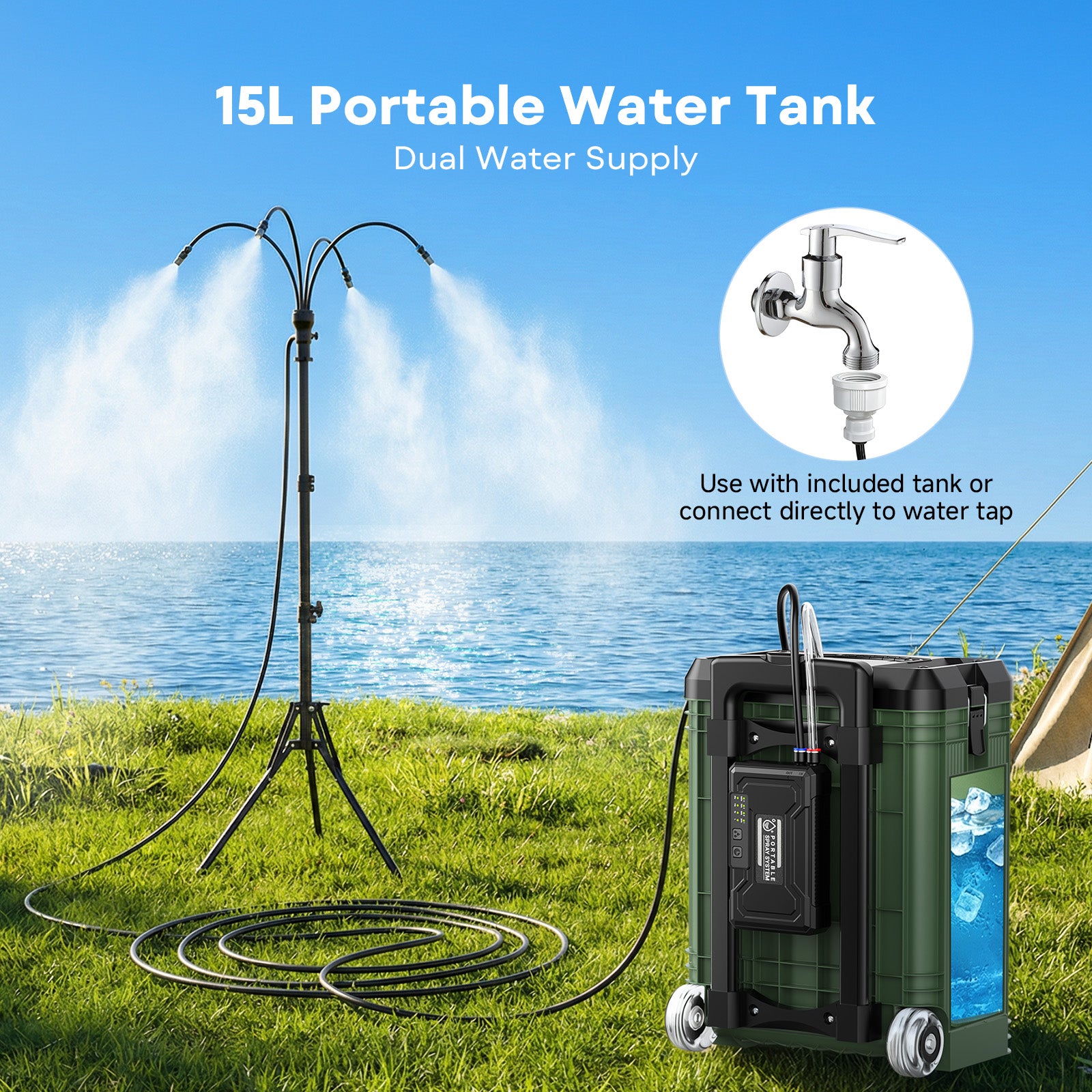Tanbaby Standing Misters Set with 15L Bucket, 10000mAh Portable Misting Cooling System for Outside Patio, 3.9FT Adjustable Height for Outdoor BBQ, Beach, Pool, Sprinkler, Camping
