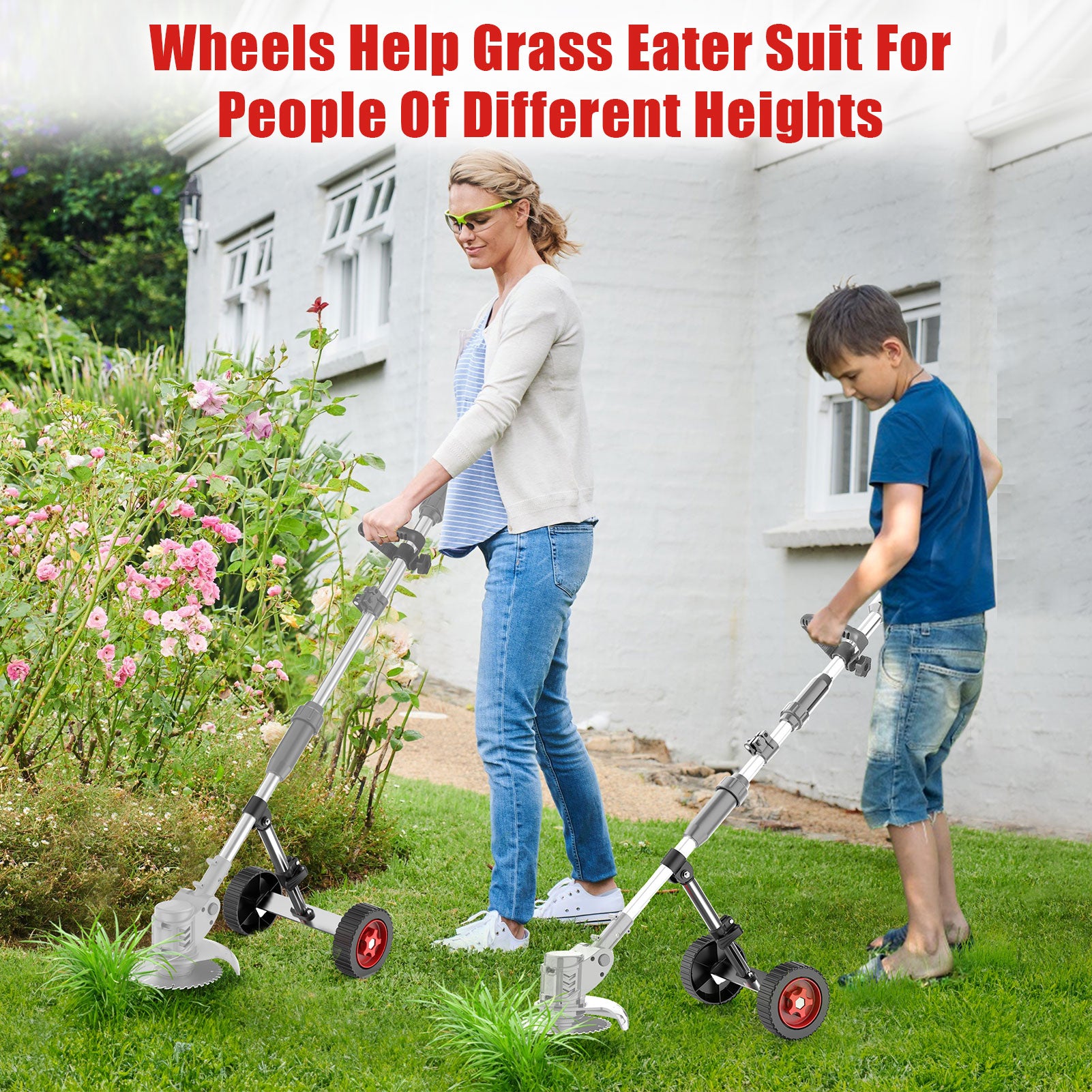Tanbaby Grass Trimmer Support Wheel for 6” Weed Eater with T-Shape Bracket Adjustable Lawn Mower Auxiliary Wheels with 2 Stable Buckles