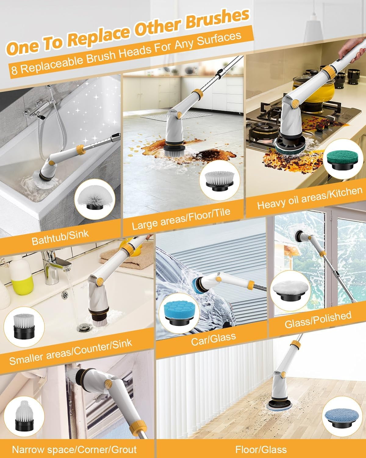 Amiluo Electric Spin Scrubber, Extra Large Brush, 6000 mAh Best Battery Power Scrubber, 1200 RPM Cordless Bathroom Cleaning Brush with Extension Handle, 8 Replaceable Heads for Shower/Floor, White