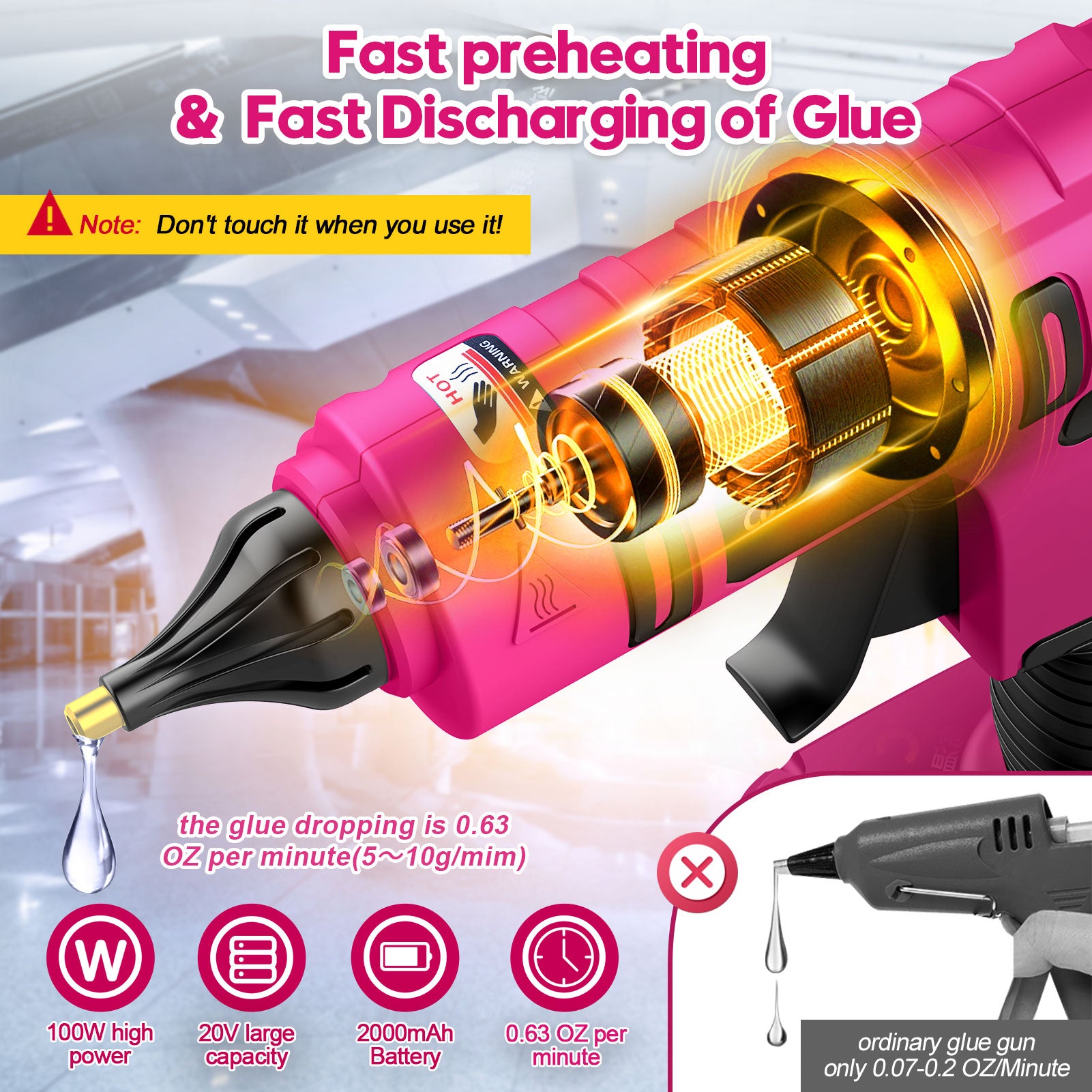 Fovendi Cordless Hot Glue Gun with 2.0Ah Battery & Charger and 12 Pcs Full Size Glue Sticks, 100W Power Melt Glue Gun for DIY, Festival Decor and Gifts