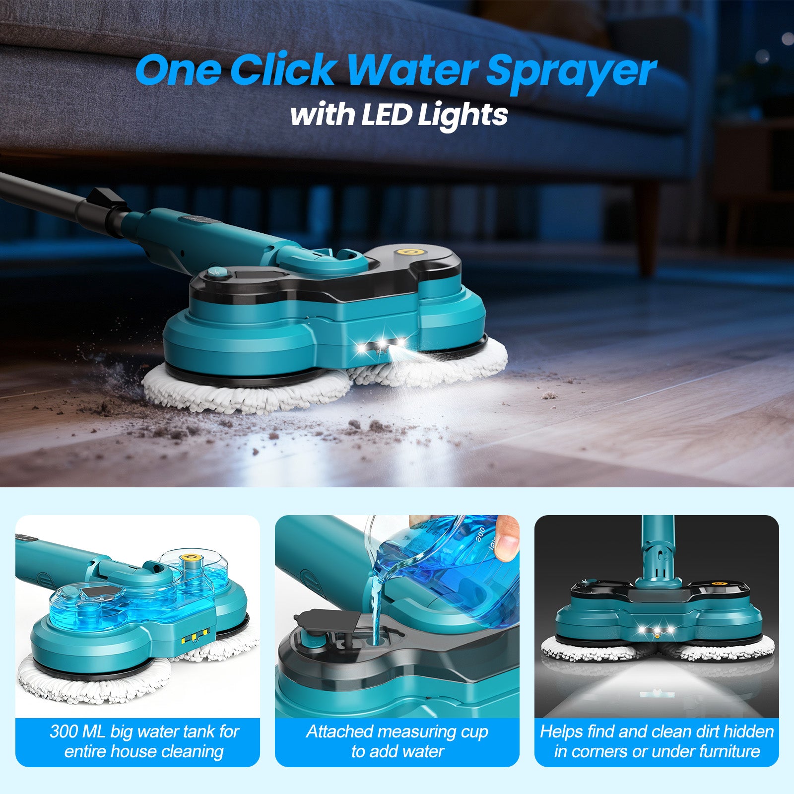 Amiluo Cordless Electric Mop, 5000 mAh Battery Spin Mop for Floor Cleaning, 400 RPM Power Scrubber with Water Spray, LED Headlights & Smart Display, Dual-Motor, Self-Propelled, Multi-Surface, M1