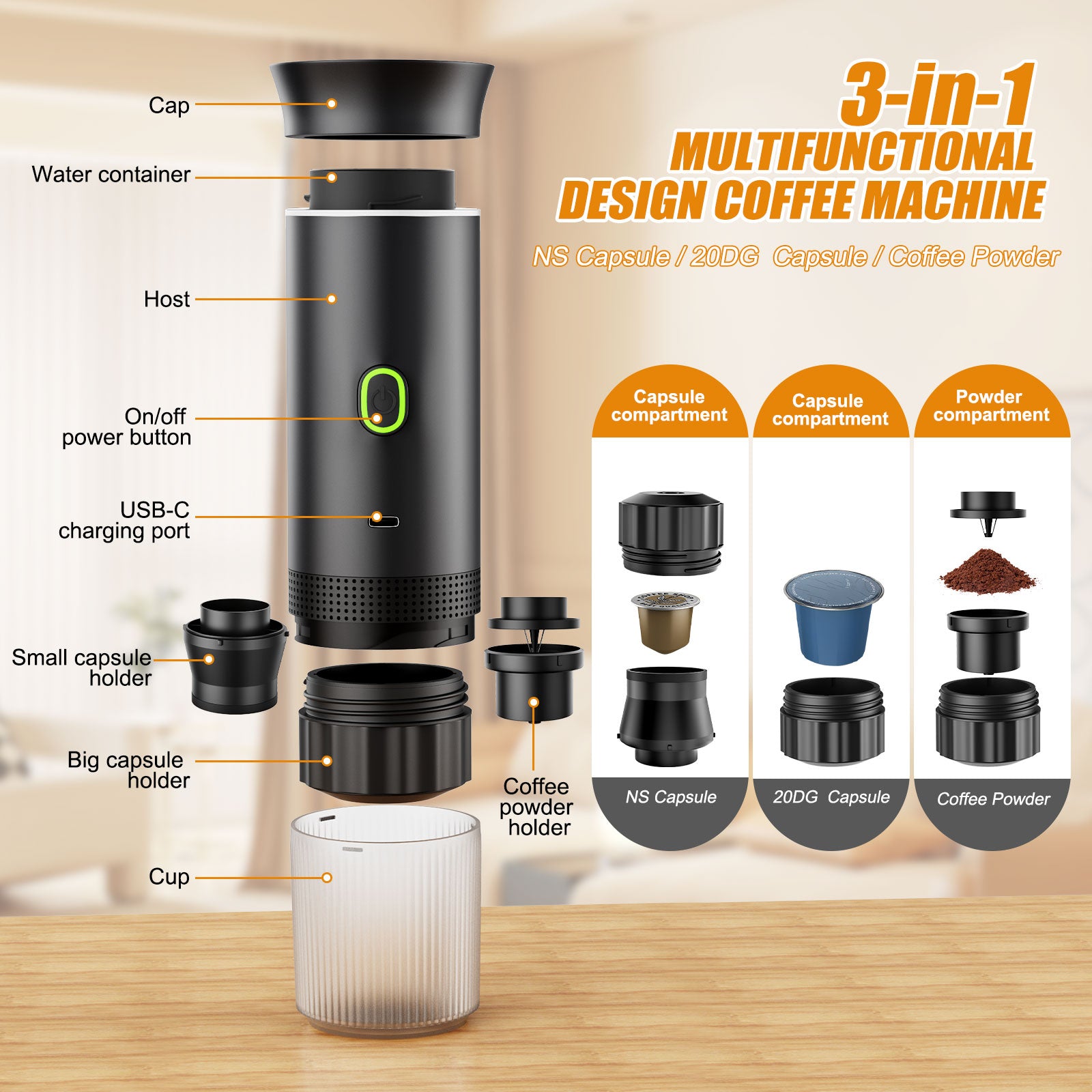 Veubew Mini Coffee Maker, Electric Espresso Machine, One Button Capsule Espresso Maker with Fast Self-Heating, Travel Coffee Machine for Home Office Camping