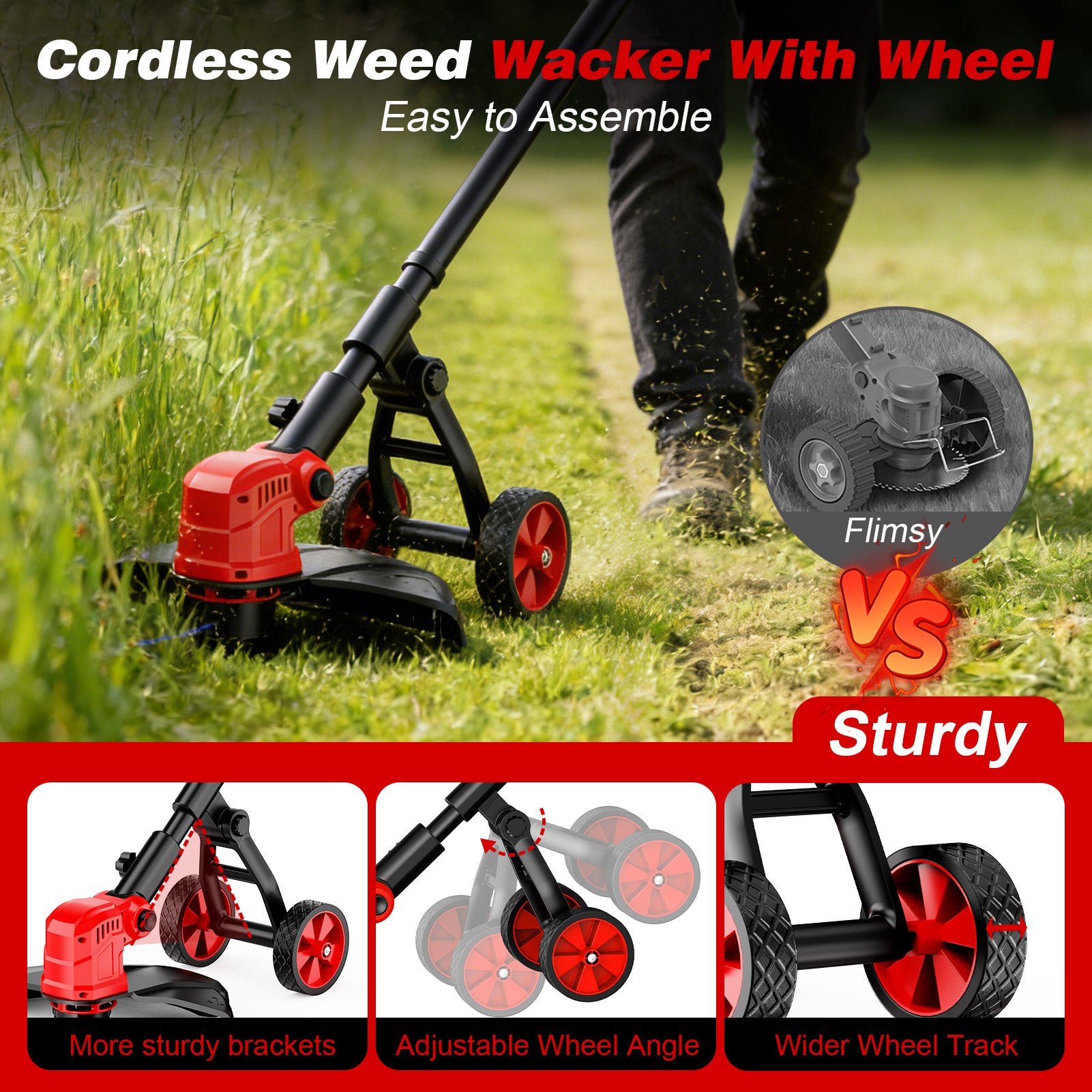 Tanbaby 12-inch Cordless String Trimmer with Wheels, Electric Grass Trimmer With 2 X 3.0ah Batteries, Edger Lawn Tool Grass Cutter With 8pcs Line, Lawn Mover For Yard, Garden