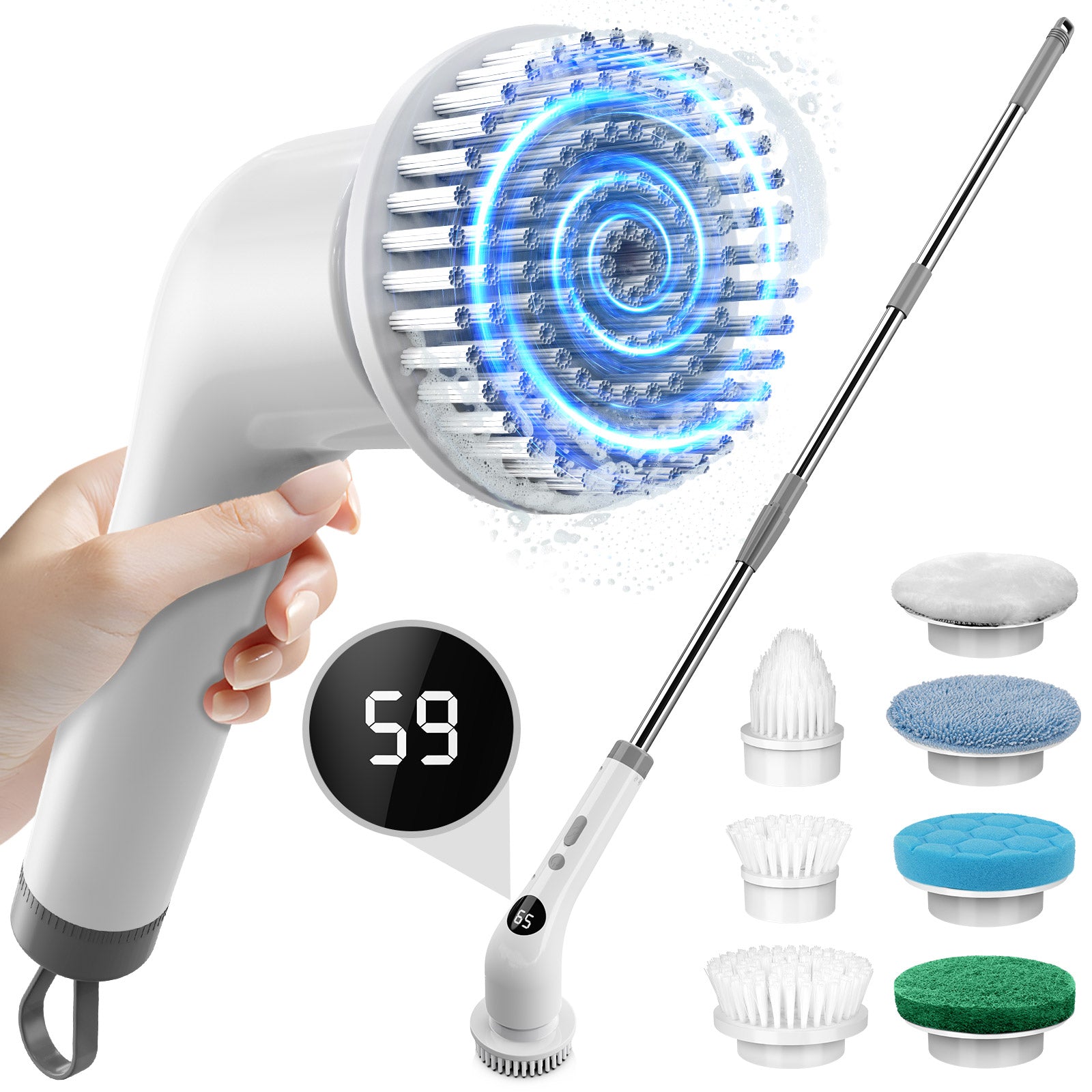 Amiluo Electric Spin Scrubber, Cordless Bathroom Cleaning Brush, Power Scrubber with Extension Handle & 7 Replaceable Heads for Shower Tub Tile Floor