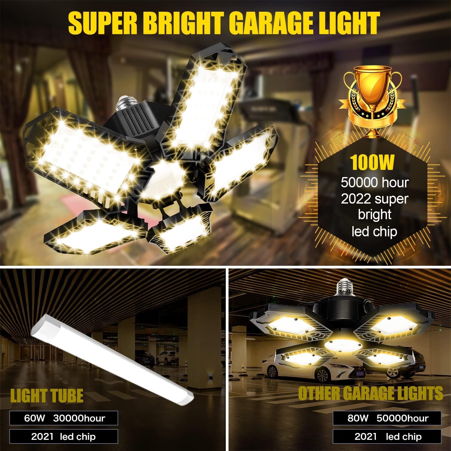 100W 10000LM 3000K 5+1 Panels Warm Led Garage Lights (2 Pack)