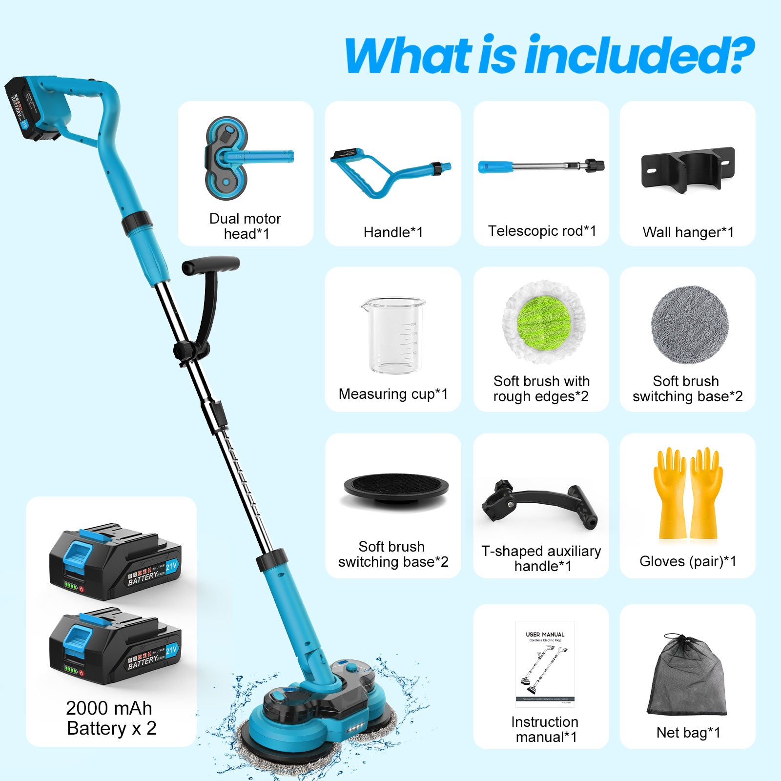 Amiluo Electric Mop, 4000 mAh Battery Cordless Spin Mop, 600 RPM Powerful Floor Cleaner with LED Headlights, Water Spray & Smart Display, Dual-Motor Scrubber & Mops for Multi-Surface, Self-Propelled