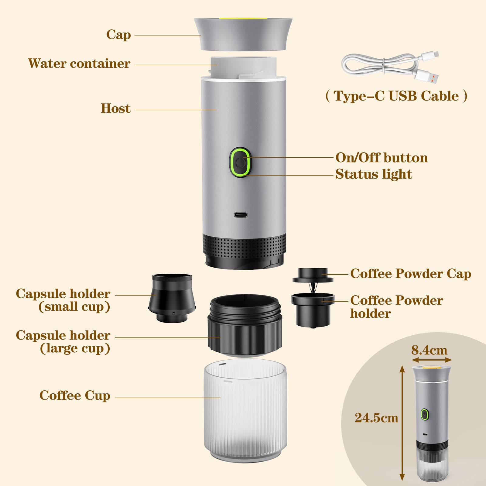 Veubew 3-in-1 Portable Espresso Maker, 20 Bar Mini Coffee Maker for Travel, Self-Heating Car Coffee Maker Compatible Ground Coffee & Capsules (NS&DG) for RV, Hiking, Office (Silver)