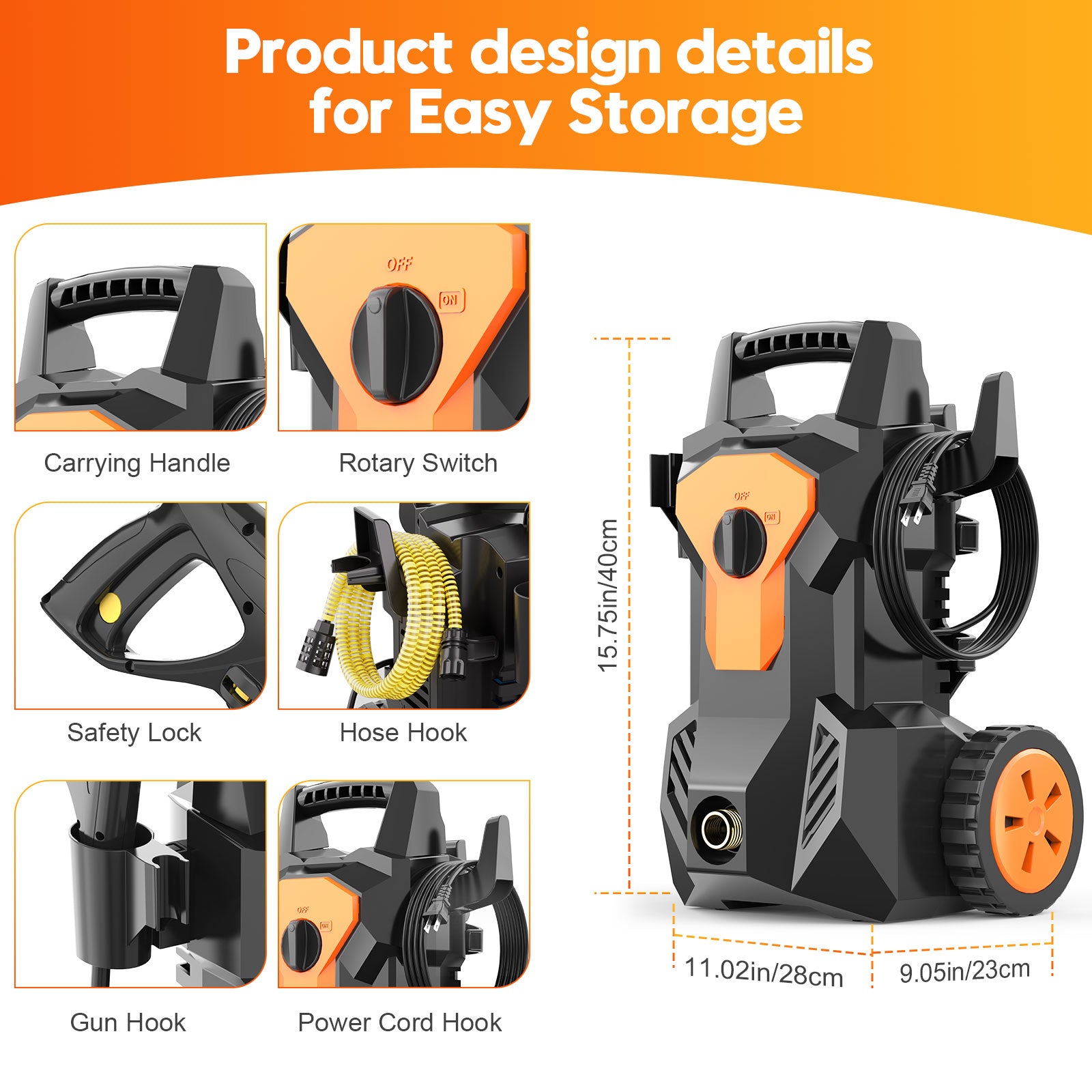 Tanbaby Electric Pressure Washer, 1600W 2000PSI Max 1.8 GPM Power Washer with 6FT Power Cord 32FT Hose 4 Nozzles Soap Cannon for Car Garden Yard Pool