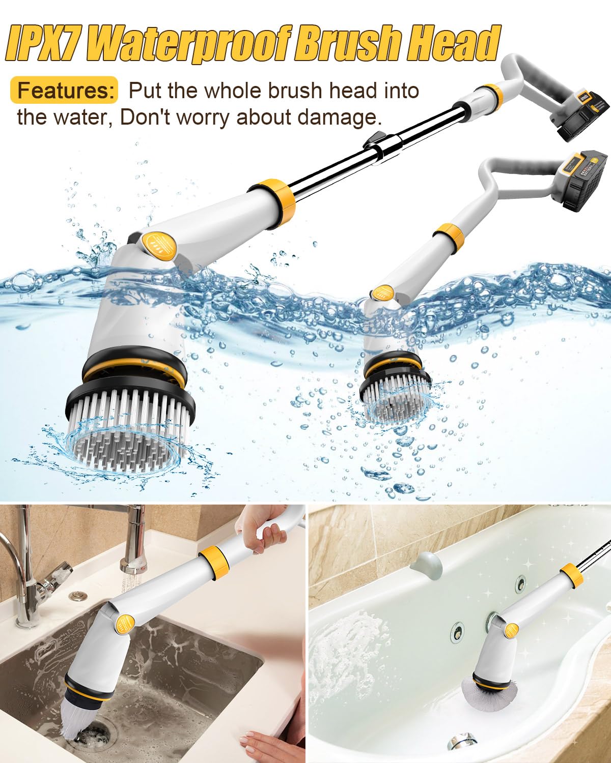 Amiluo Electric Spin Scrubber, 1500 RPM Ultra-High Speed, Cordless Bathroom Cleaning Brush with Extension Handle, 8 Replaceable Heads & Large Battery, Power Scrubber for Shower, Tub, Floor, A4/White