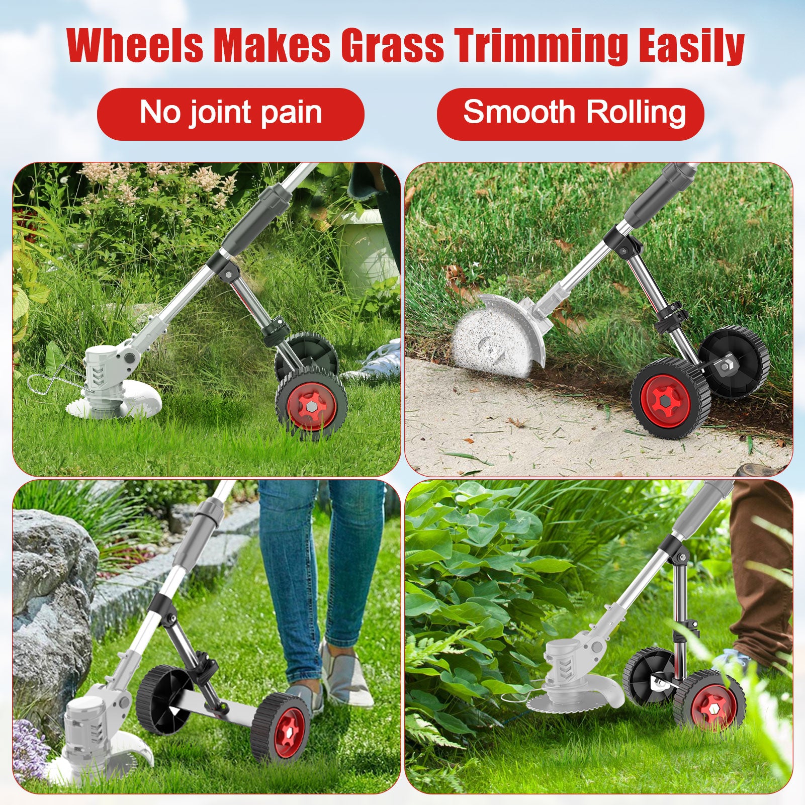 Tanbaby Electric Weed Wacker Attachment Wheels for 8/9” Weed Eater, Adjustable Cordless String Trimmer Auxiliary Wheels, Tool Pole Dia 26-28mm Adjustable Support Wheel