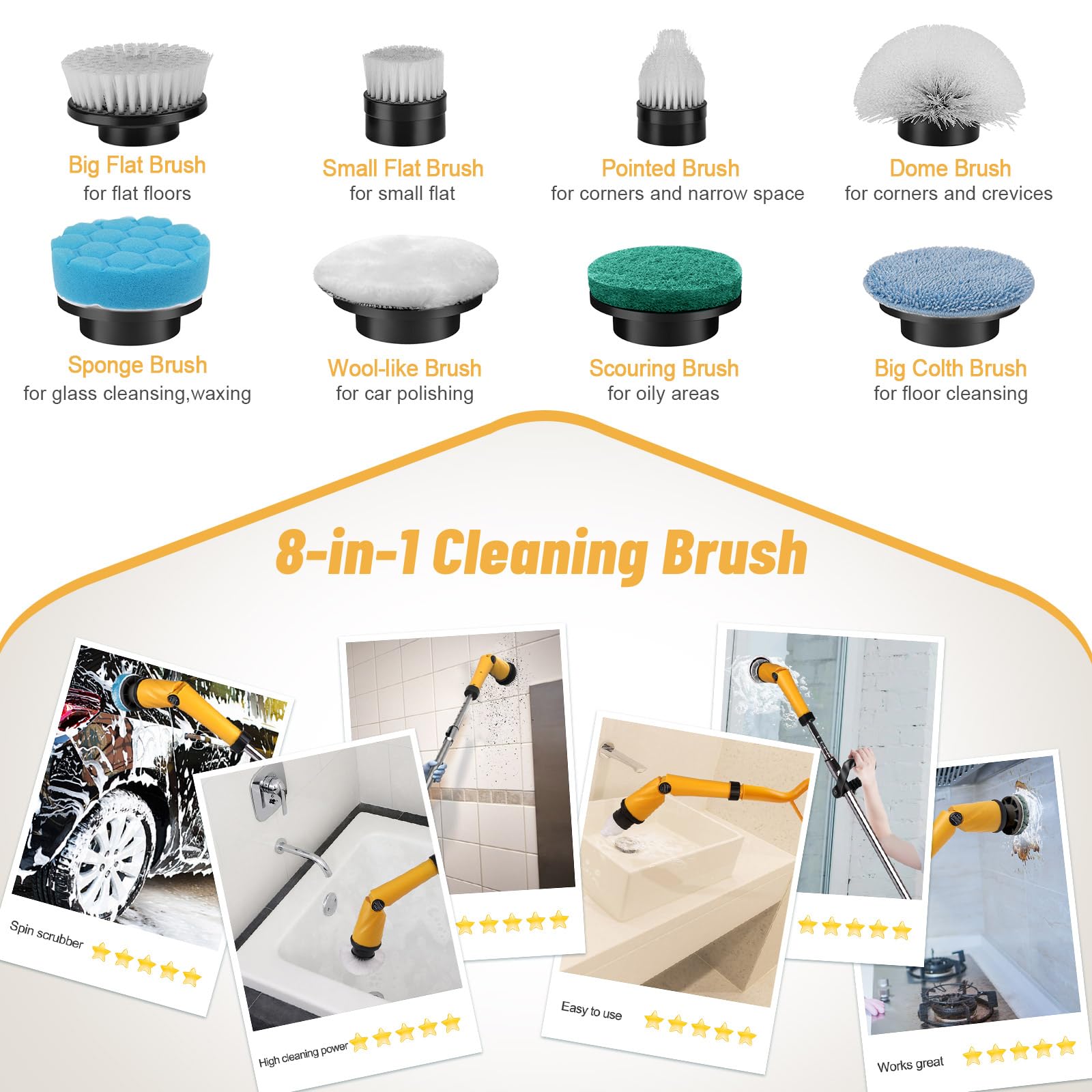 Amiluo Electric Spin Scrubber, 1500 RPM Ultra-High Speed, Cordless Bathroom Cleaning Brush with Extension Handle, 8 Replaceable Heads & Large Battery, Power Scrubber for Shower, Tub, Floor, A4/Yellow