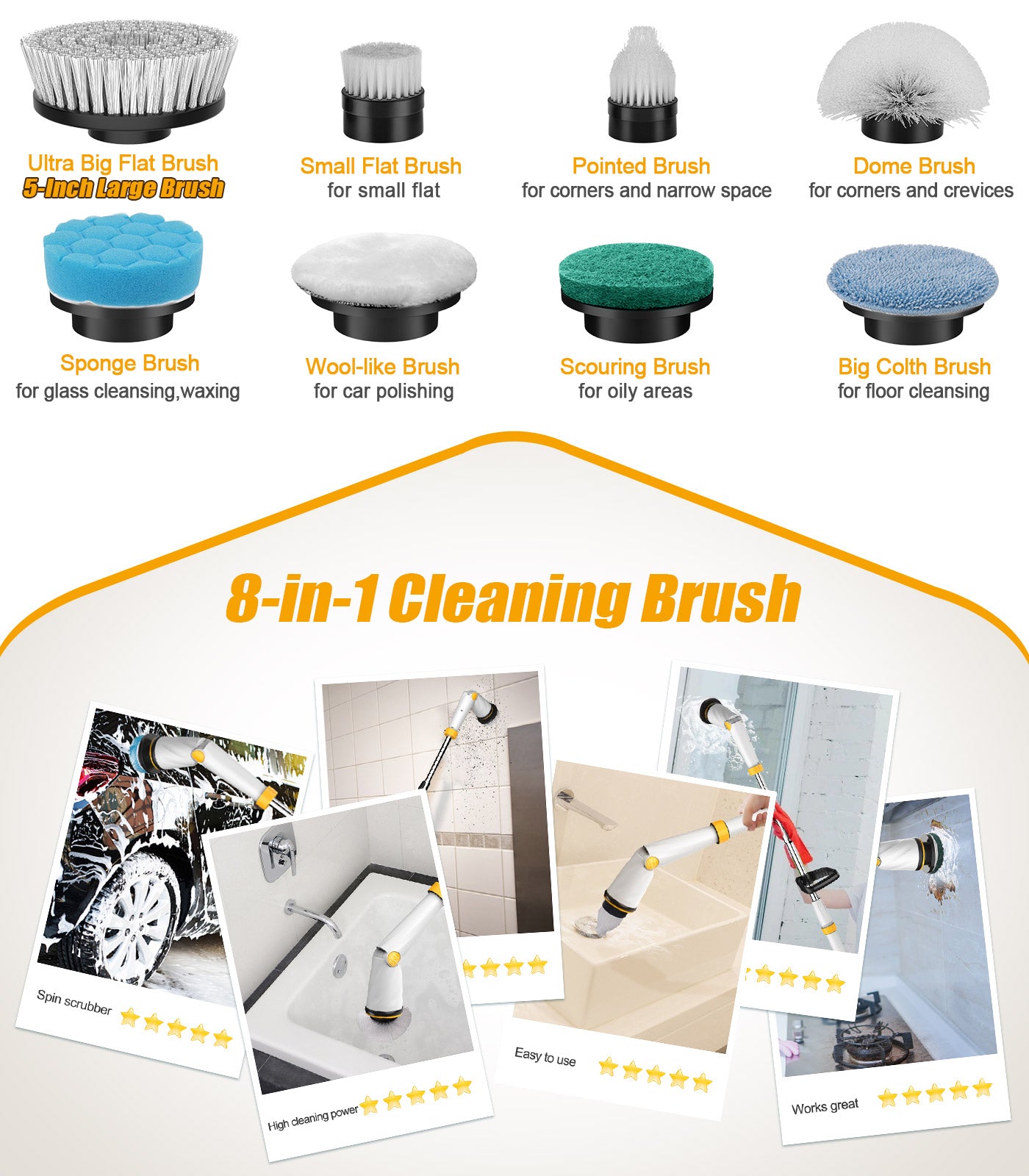 Amiluo Electric Spin Scrubber, Extra Large Brush, 6000 mAh Best Battery Power Scrubber, 1200 RPM Cordless Bathroom Cleaning Brush with Extension Handle, 8 Replaceable Heads for Shower/Floor, White