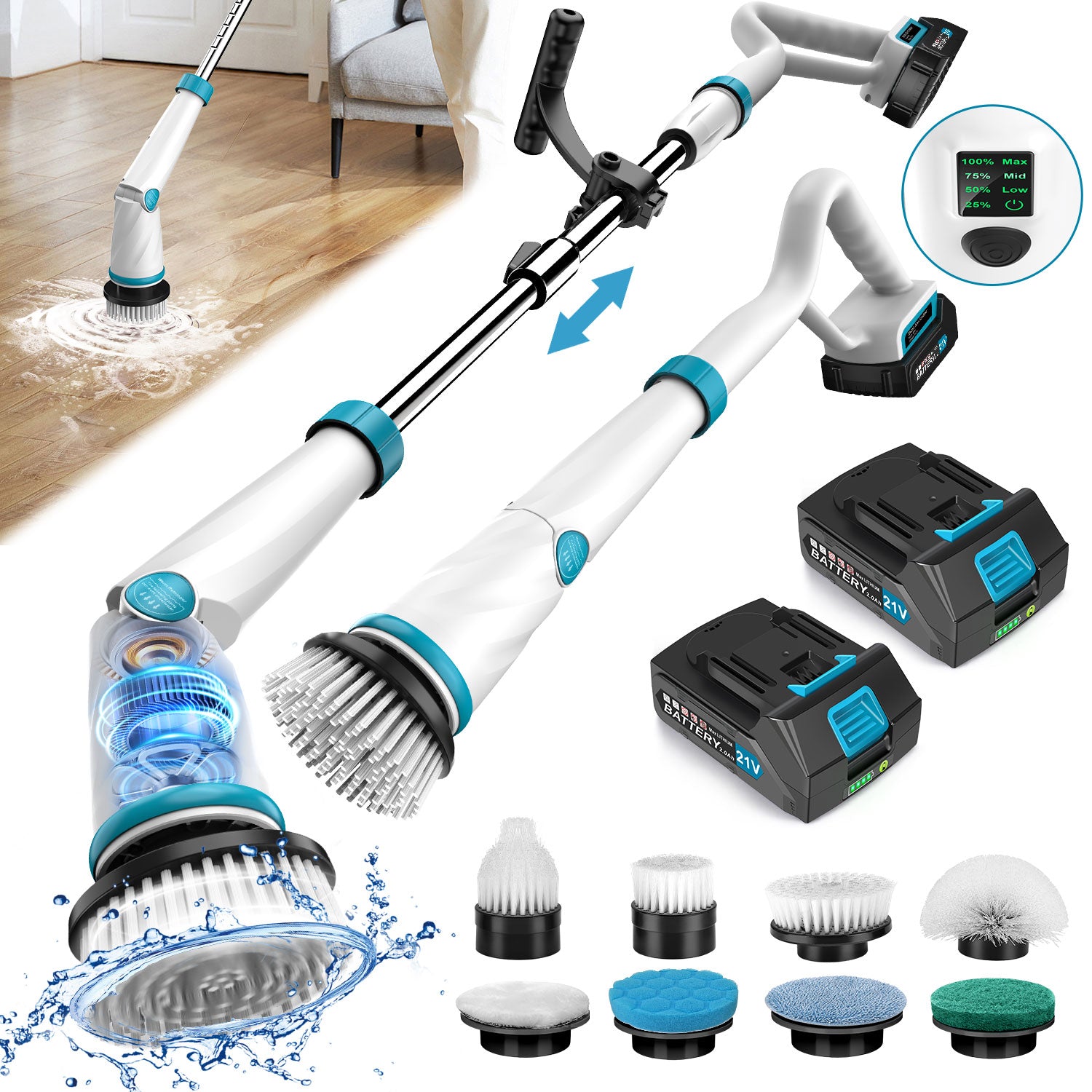 Amiluo Electric Spin Scrubber, 1500 RPM Cordless Bathroom Power Scrubber with Extension Handle, 8 Replaceable Heads & Large Battery, Shower Cleaners Brush for Tub, Tile and Floor