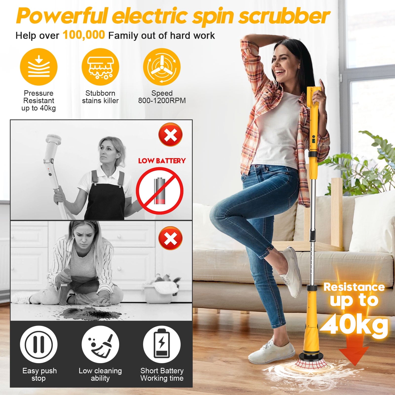 1200RPM Electric Spin Scrubber with 2 Battery, Amiluo Bath Cleaning Brush, Power Scrubber for Bathroom/Kitchen/Tile/Floor(Yellow)