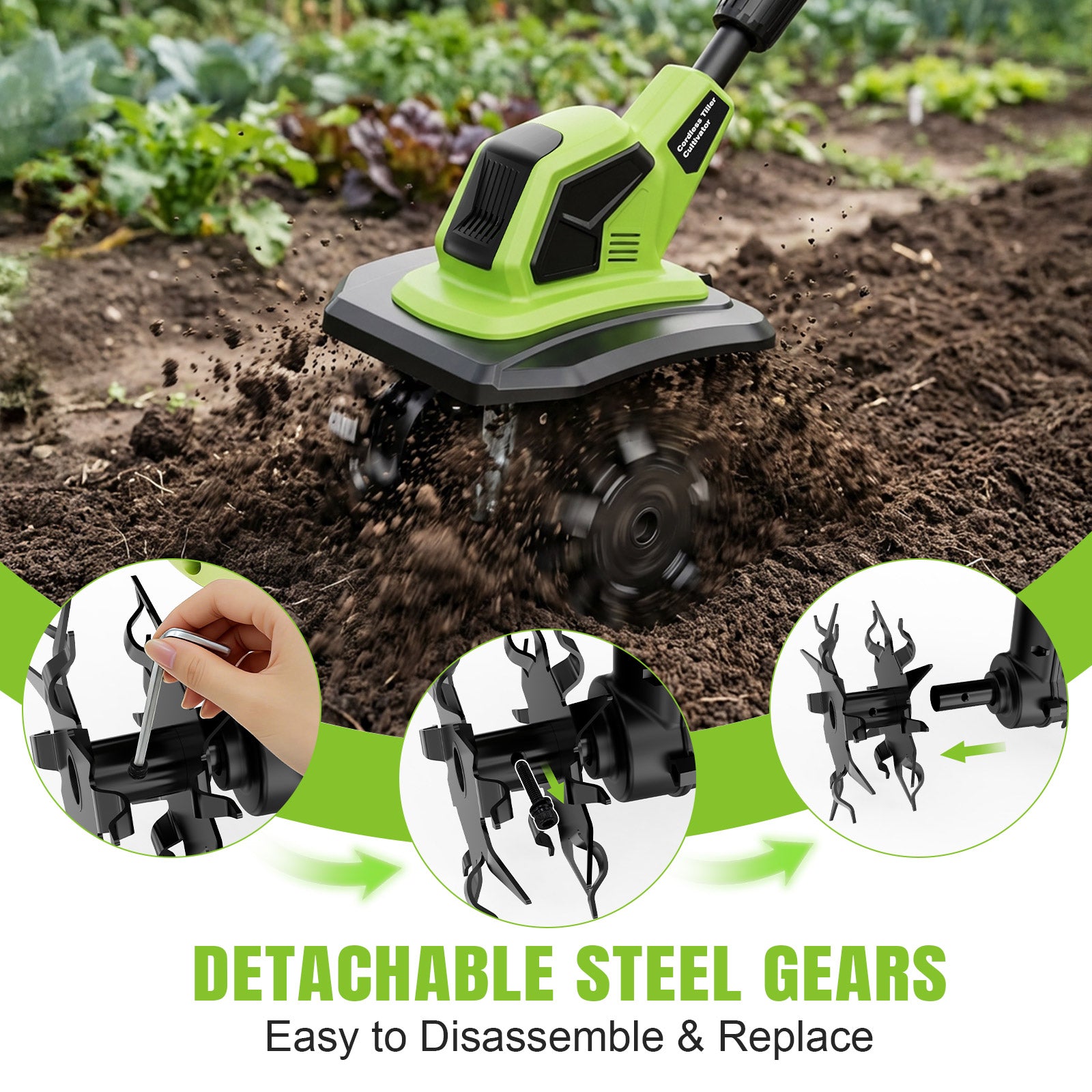 Fovendi 21V Cordless Tiller Cultivator, 360RPM Electric Garden Tiller, with 2 * 3.0Ah Batteries & Charger, 9In Tilling Width and 6.7In Depth Garden Rototiller for Lawn/Gardening/Soil Cultivation