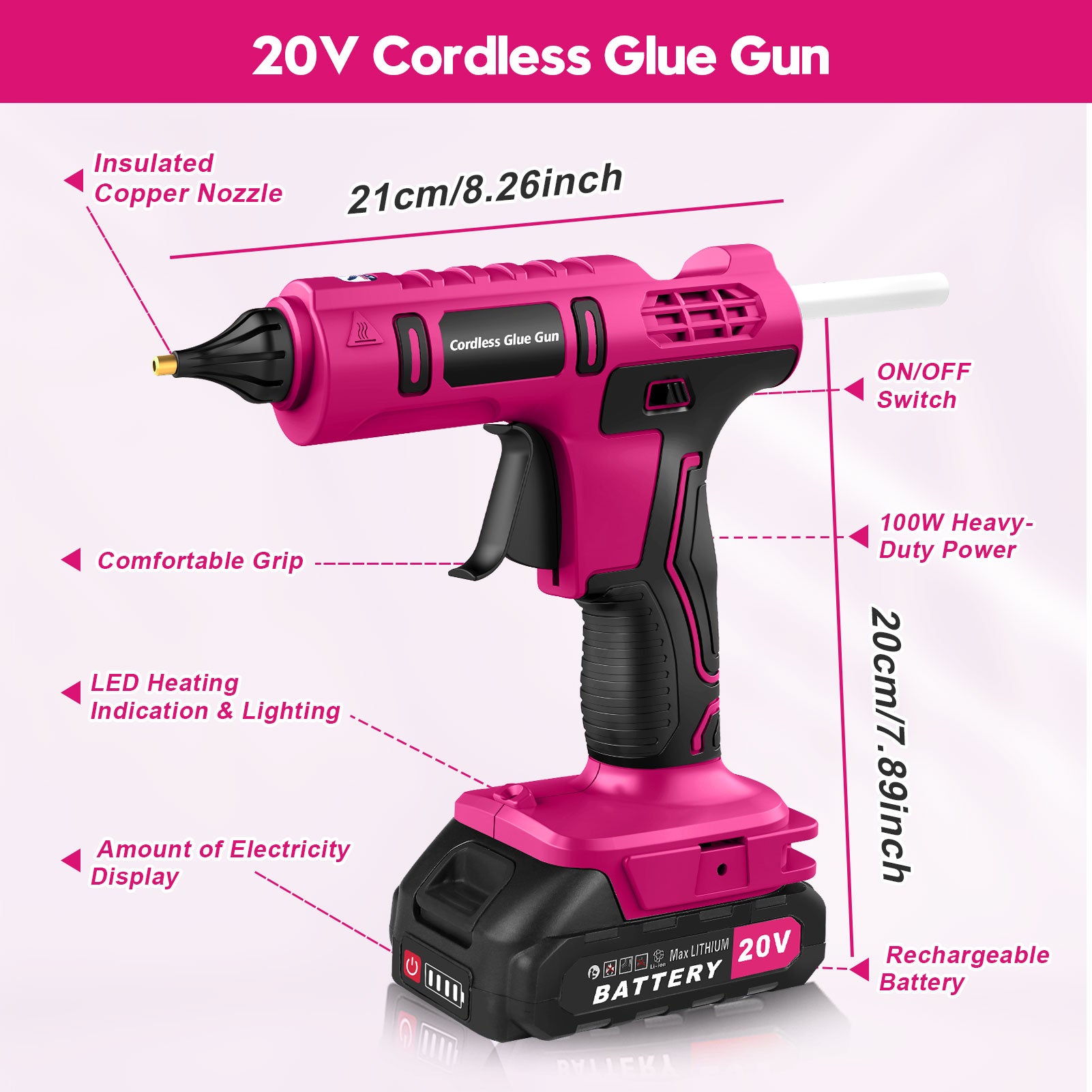 Fovendi Cordless Hot Glue Gun with 2.0Ah Battery & Charger and 12 Pcs Full Size Glue Sticks, 100W Power Melt Glue Gun for DIY, Festival Decor and Gifts