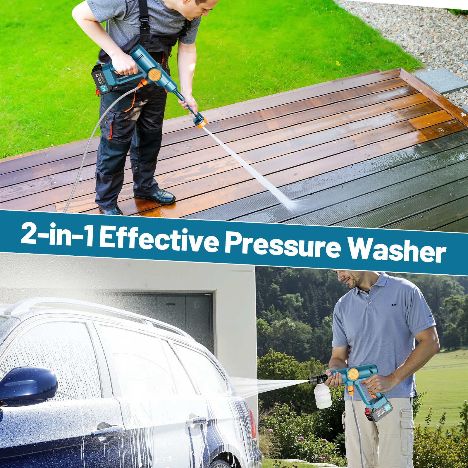 Lemolifys 21V Battery Cordless Pressure Washer with 6-in-1 Nozzle for Car, Patio
