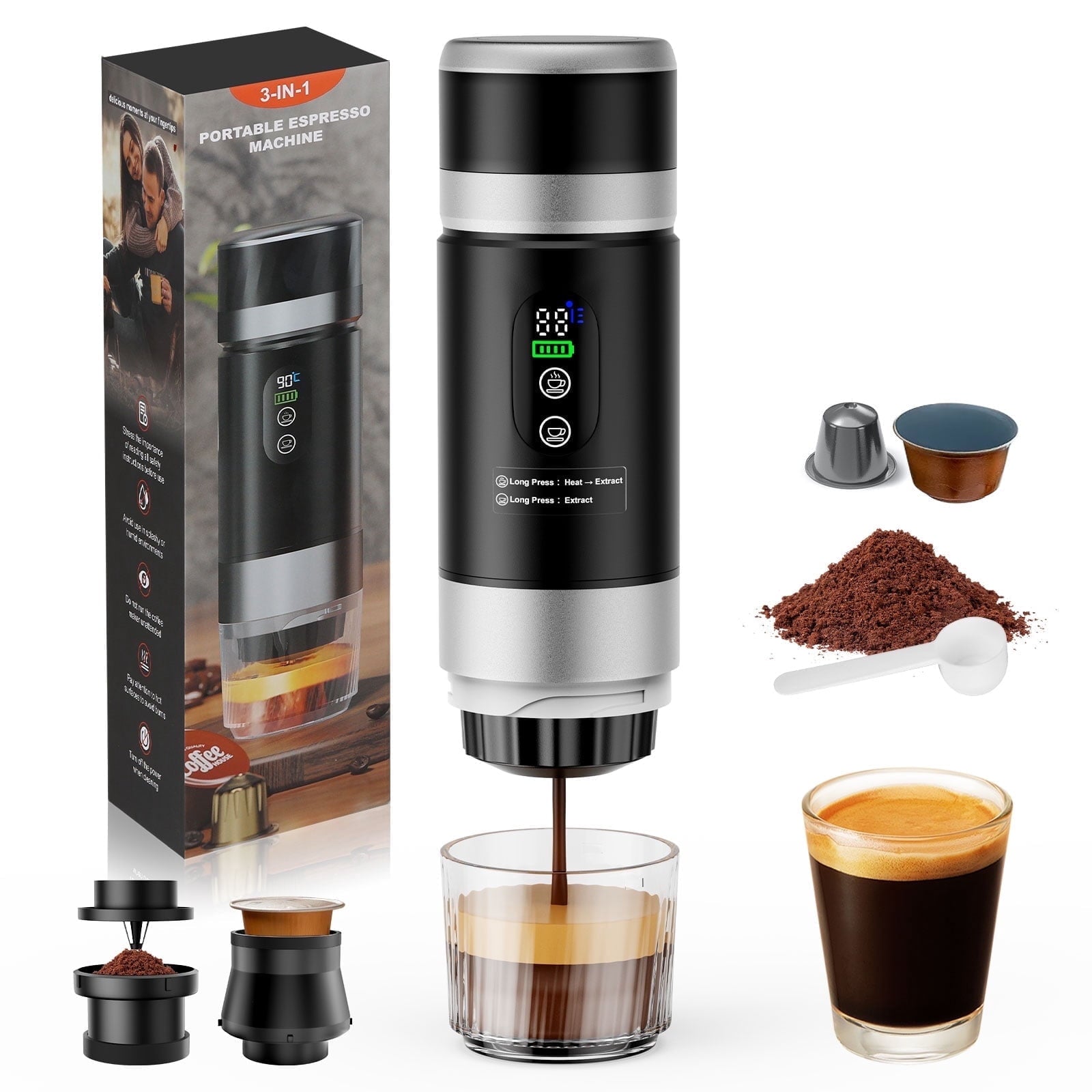 Portable Coffee Maker 3-in-1, Electric Espresso Machine with 7500mAh Battery, Compatible with Ground Coffee, NS & DG Capsules, USB-C Rechargeable Portable Espresso Maker for Travel